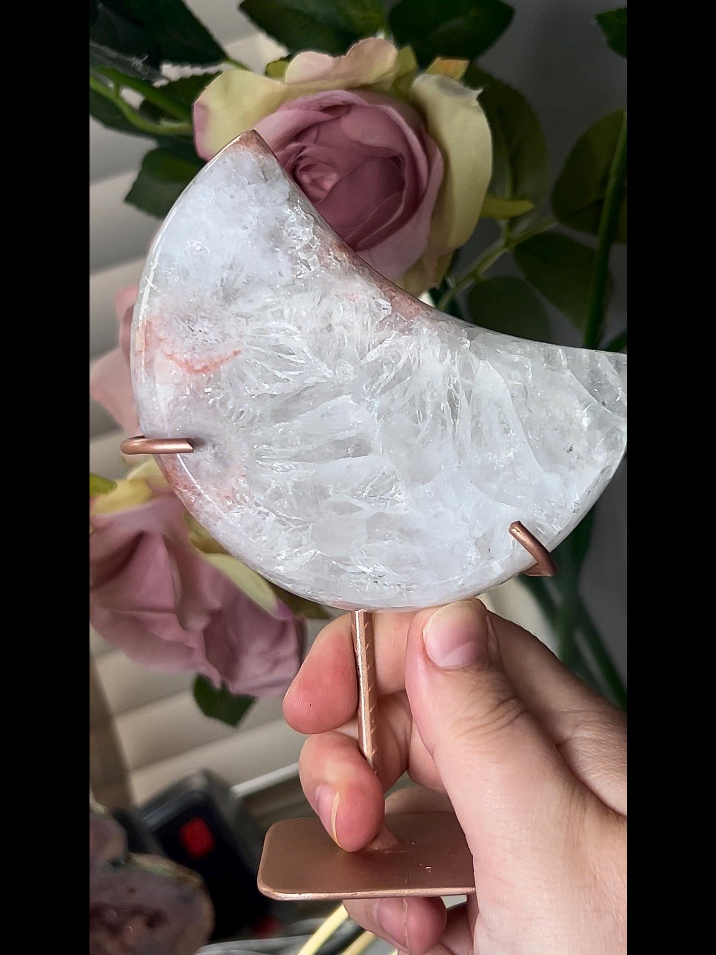 High grade, pink amethyst moon with covered in mostly rainbow quartz 420g