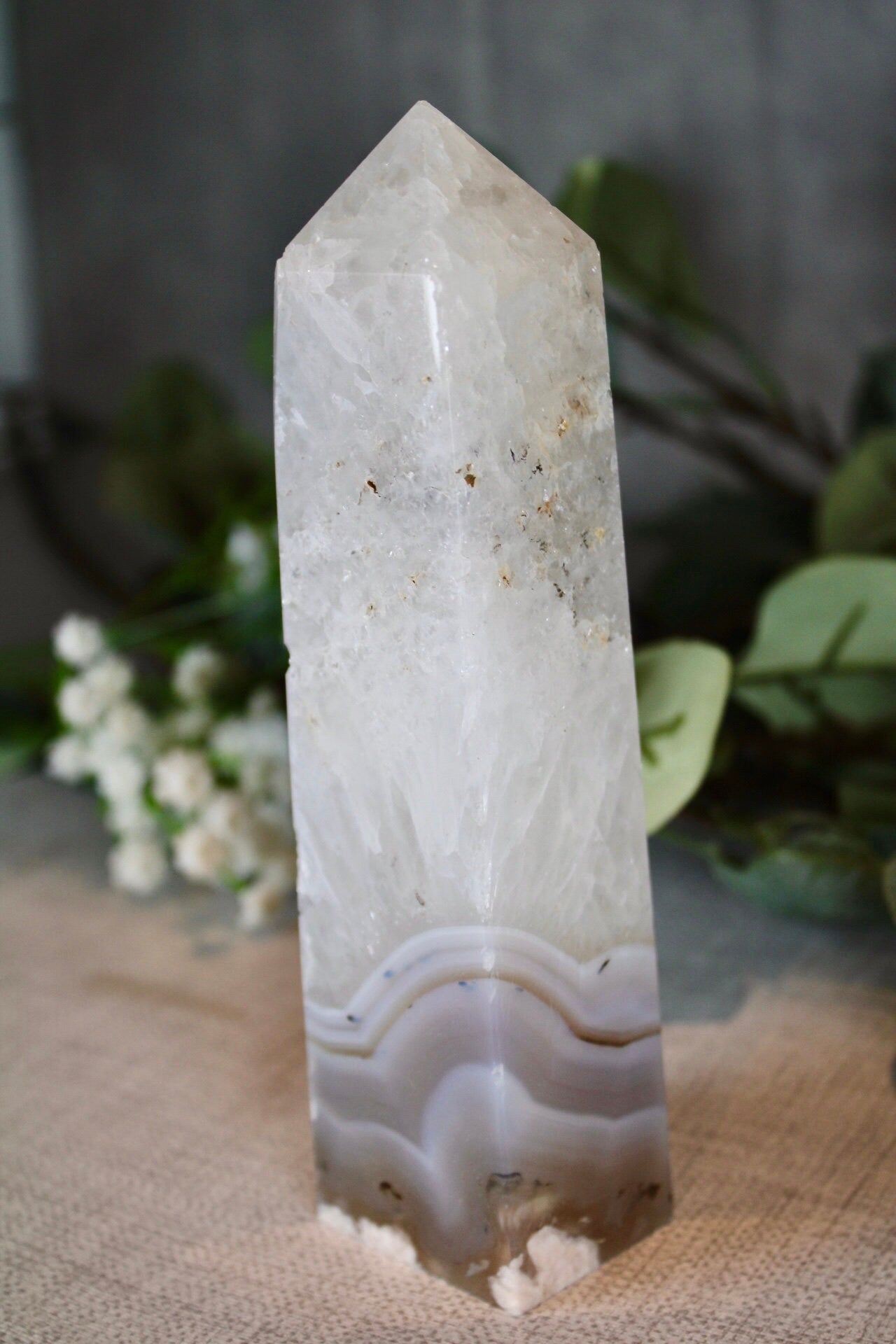 Blue banded agate with quartz tower