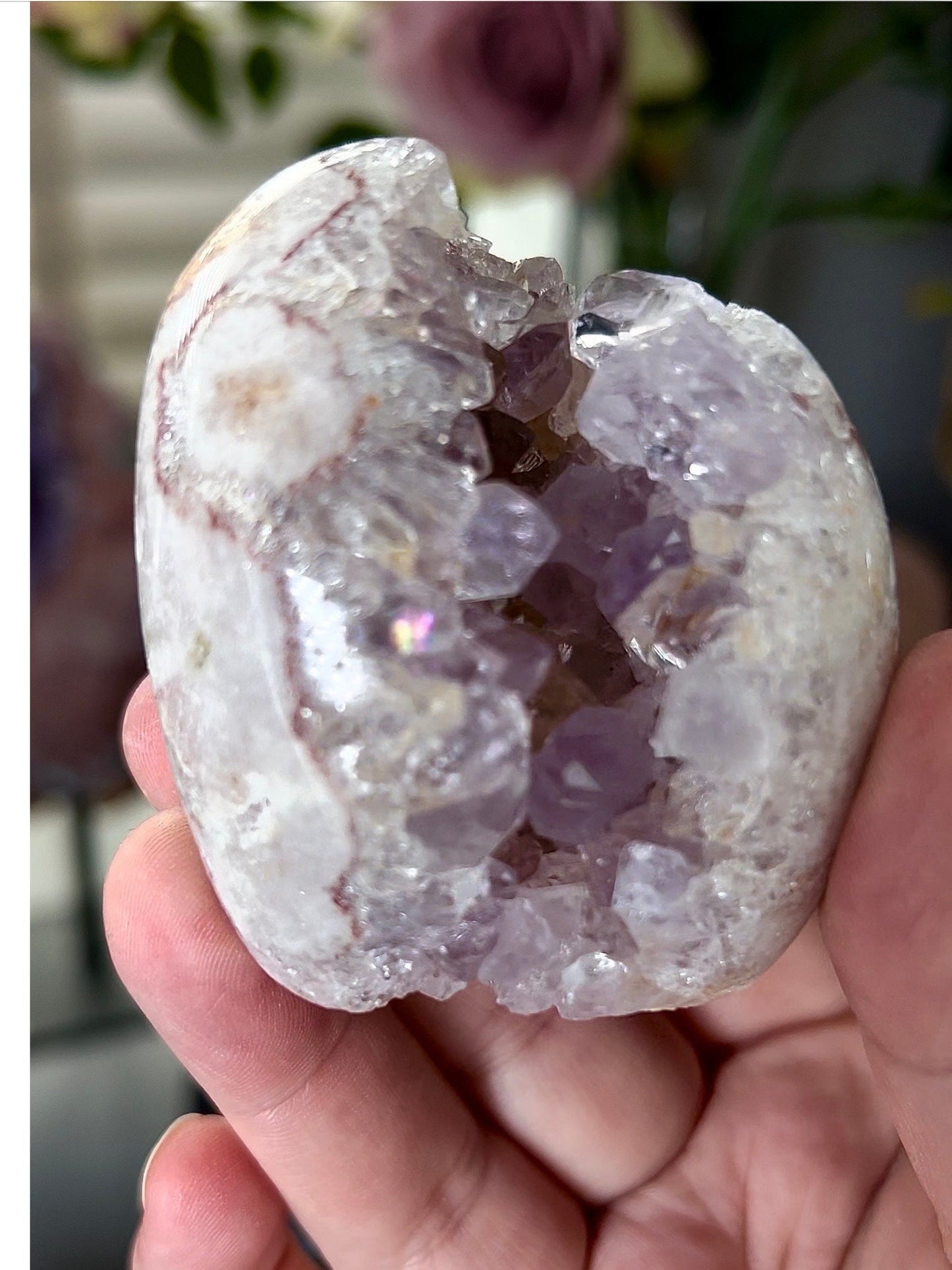 high grade pink amethyst cave, freeform with incredible rainbow quartz teeth