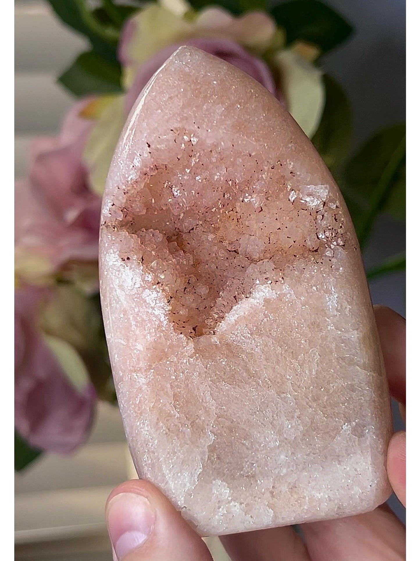 High grade, peach toned pink amethyst flame