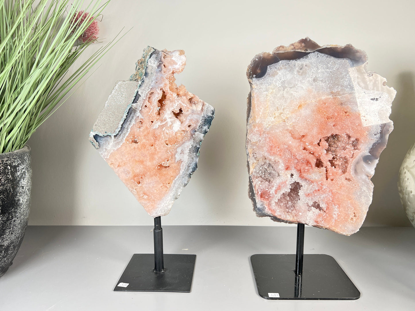 Gorgeous, peach, pink amethyst with smoky crystallisation and natural stone edging slab on turntable stand