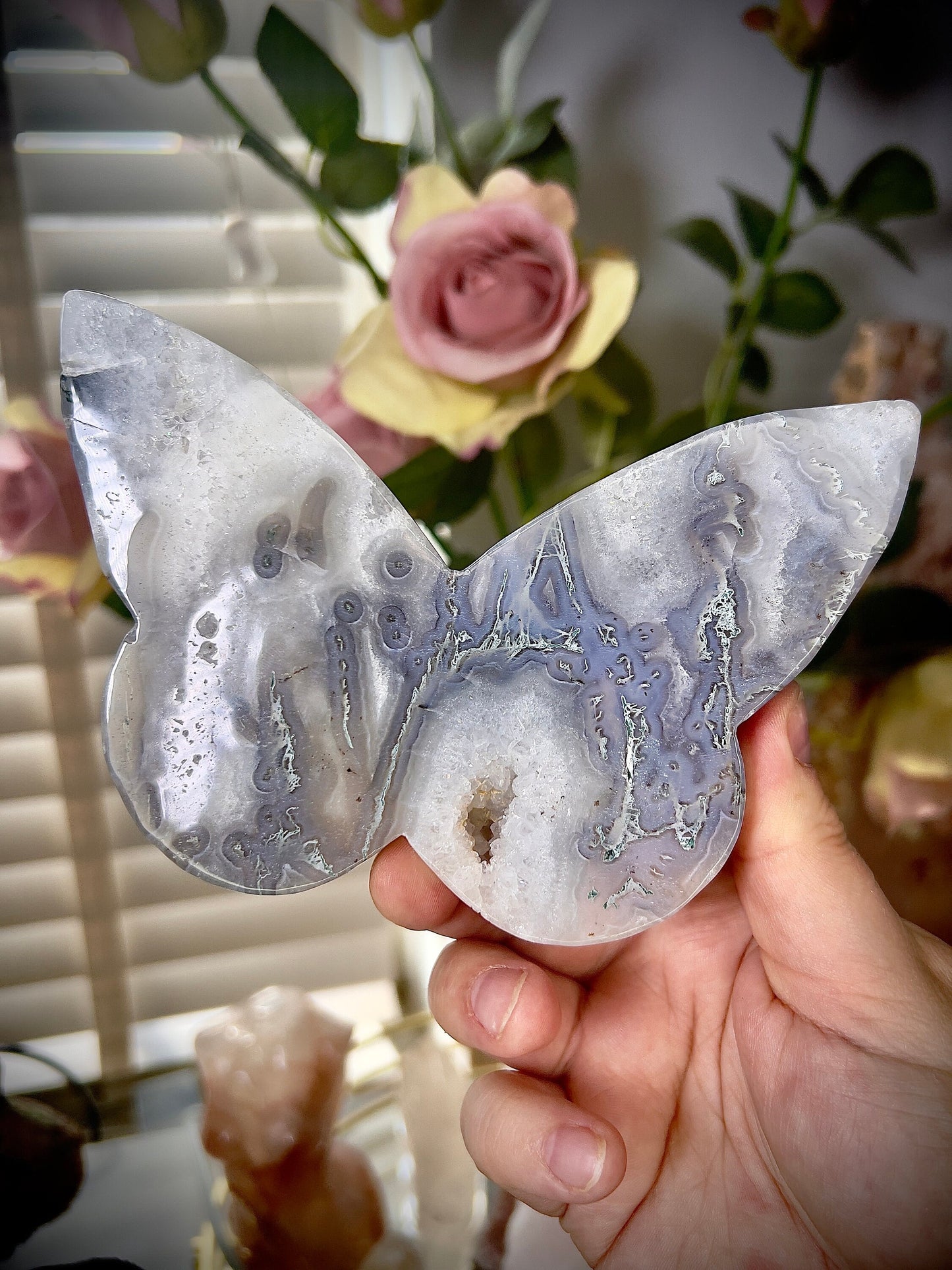 High grade, blue moss agate & quartz, butterfly with, gold pedestal stand