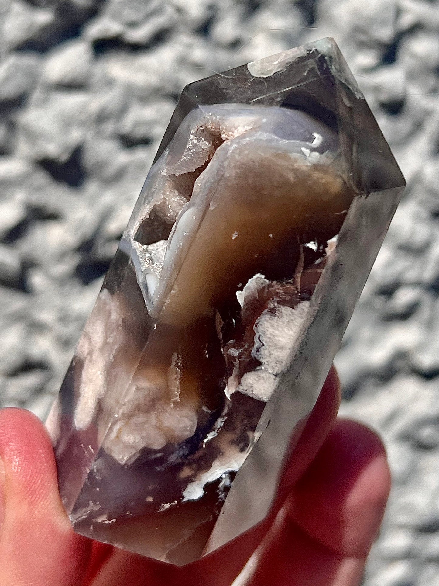 black flower agate tower with druzy cave
