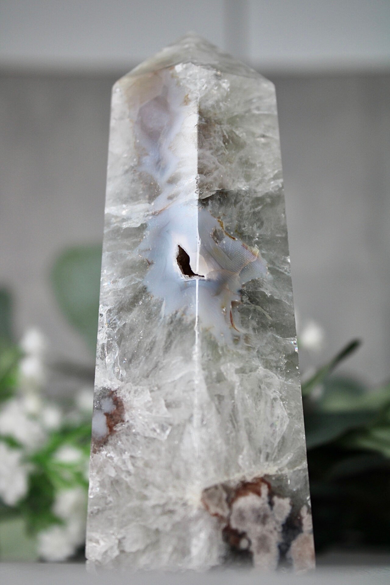 Green, Chlorite quartz, flower agate tower 325g 12cm (H) 4.5cm (W)