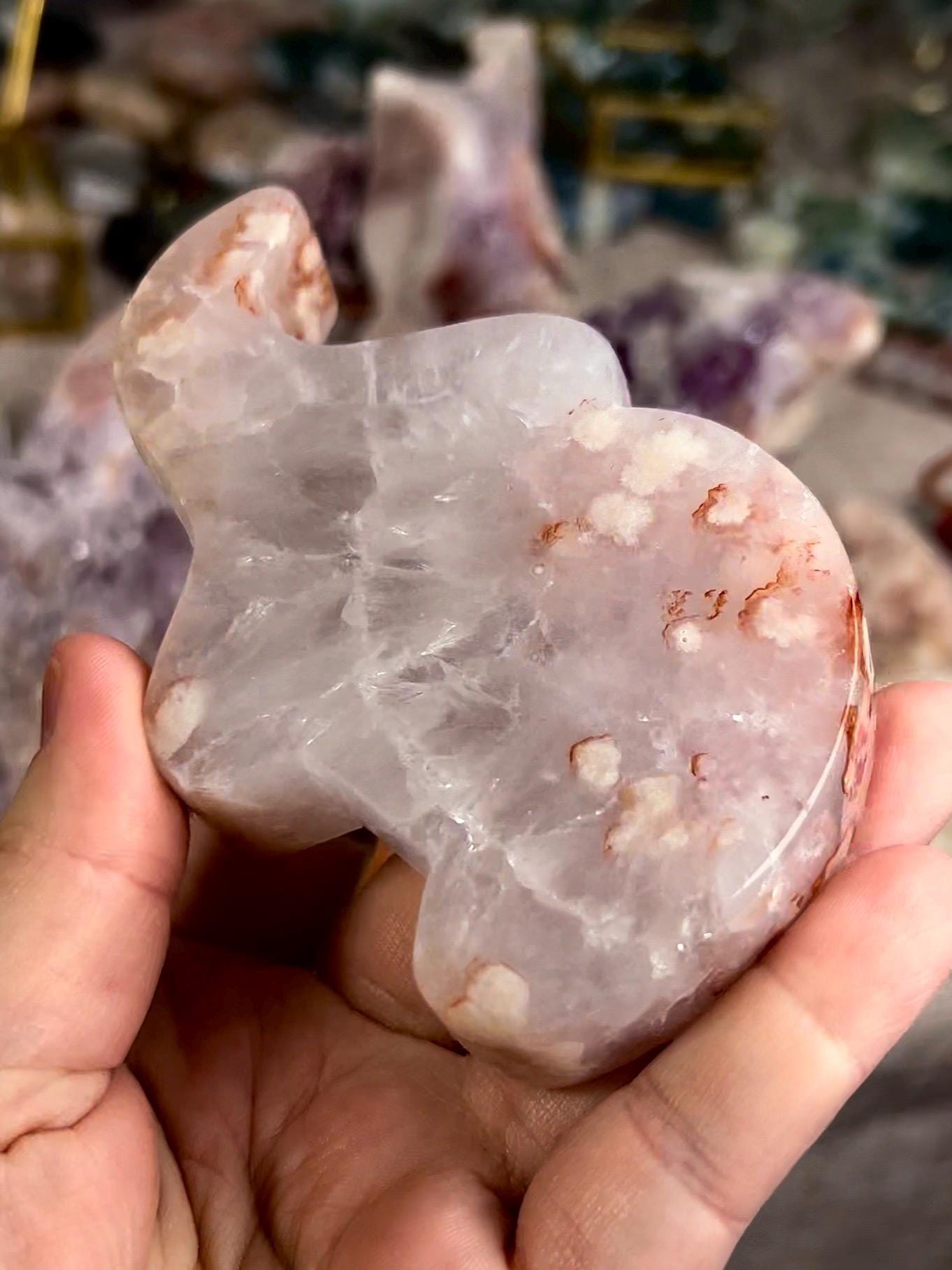 High grade, pink flower agate with high grade, quartz, freestanding, elephant