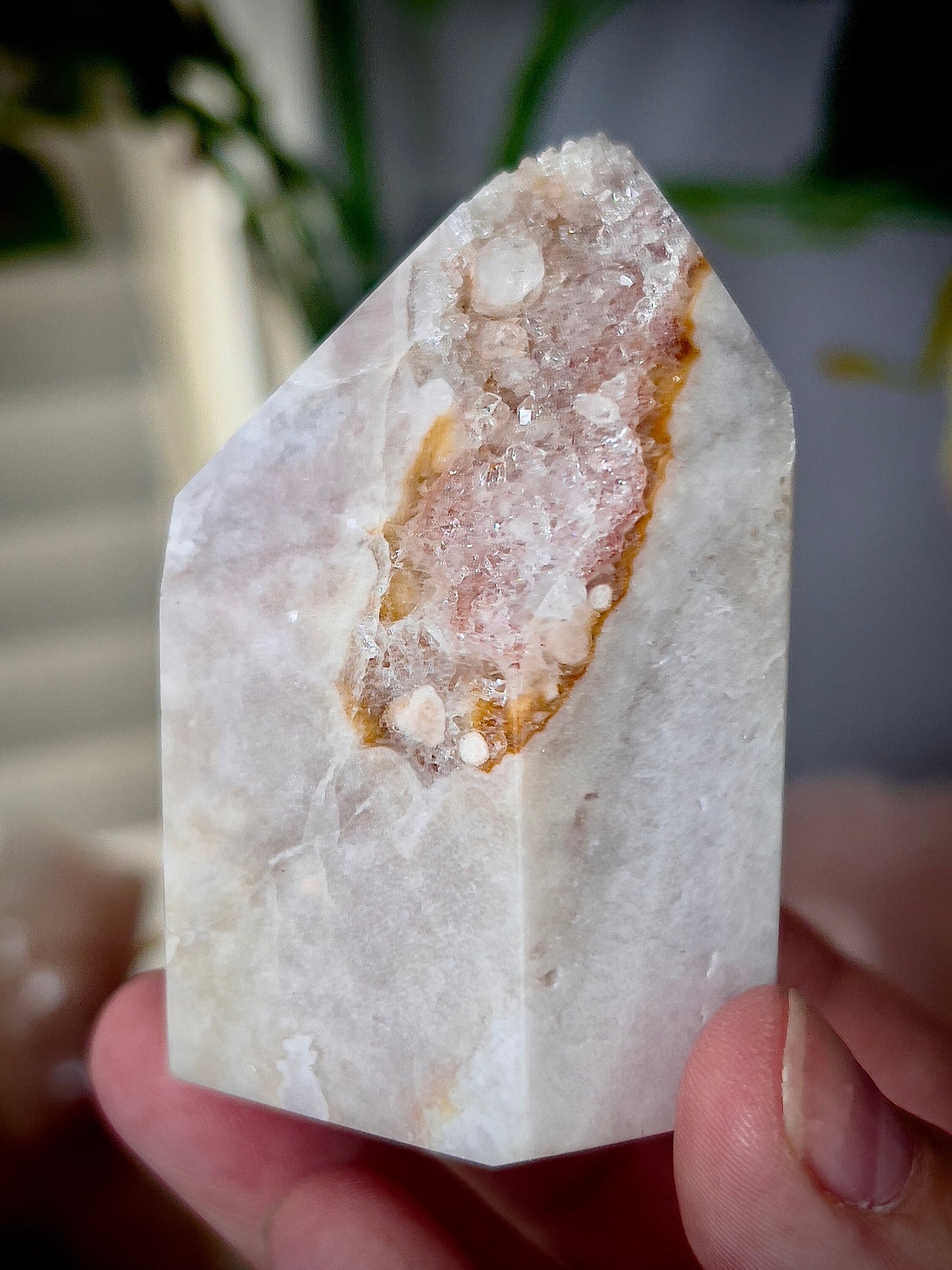 Stunning pink amethyst, tower with orange lining and high clarity quartz druzy