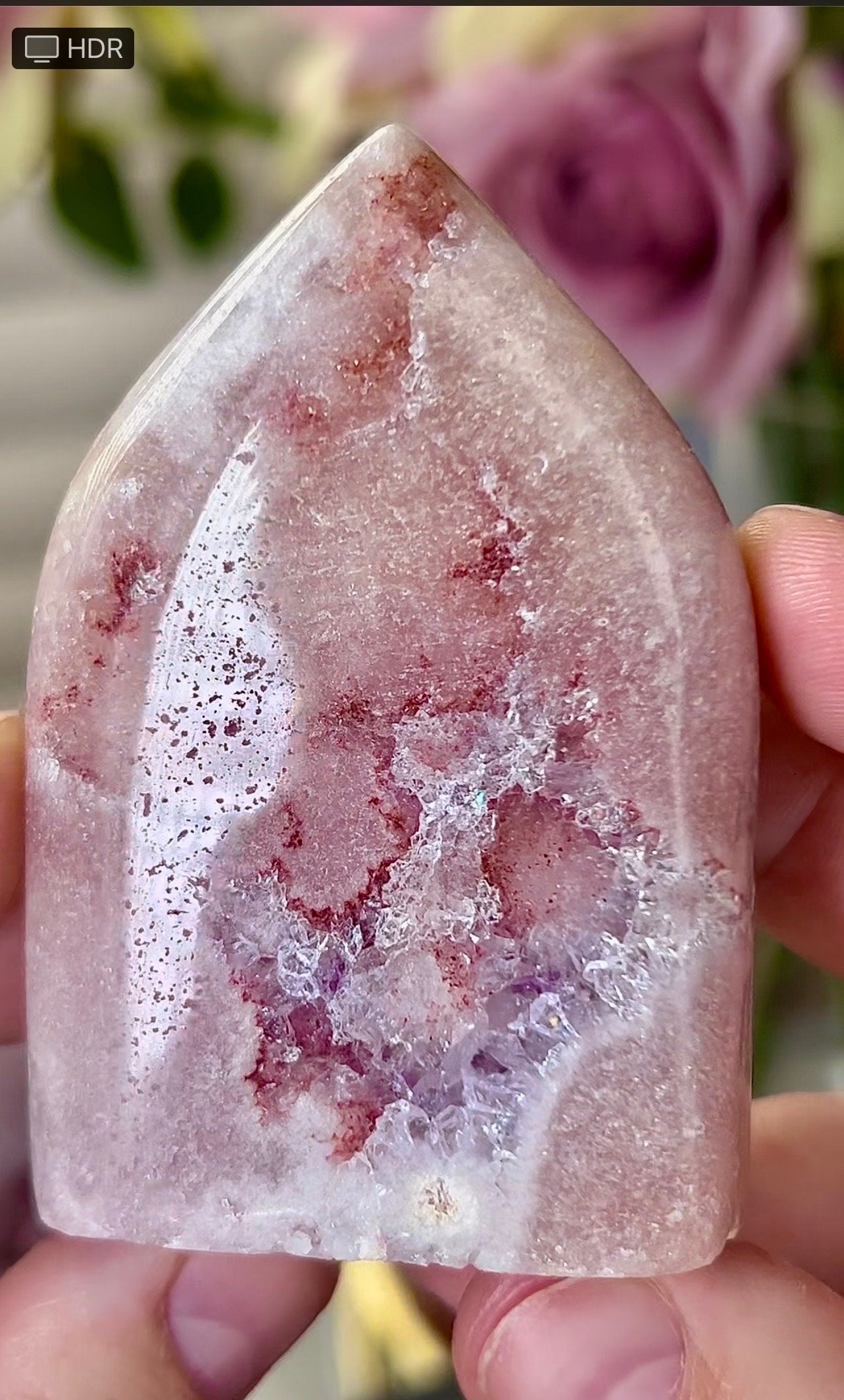 stunning, high grade, deep pink amethyst, flame with purple quartz and red hematite lining