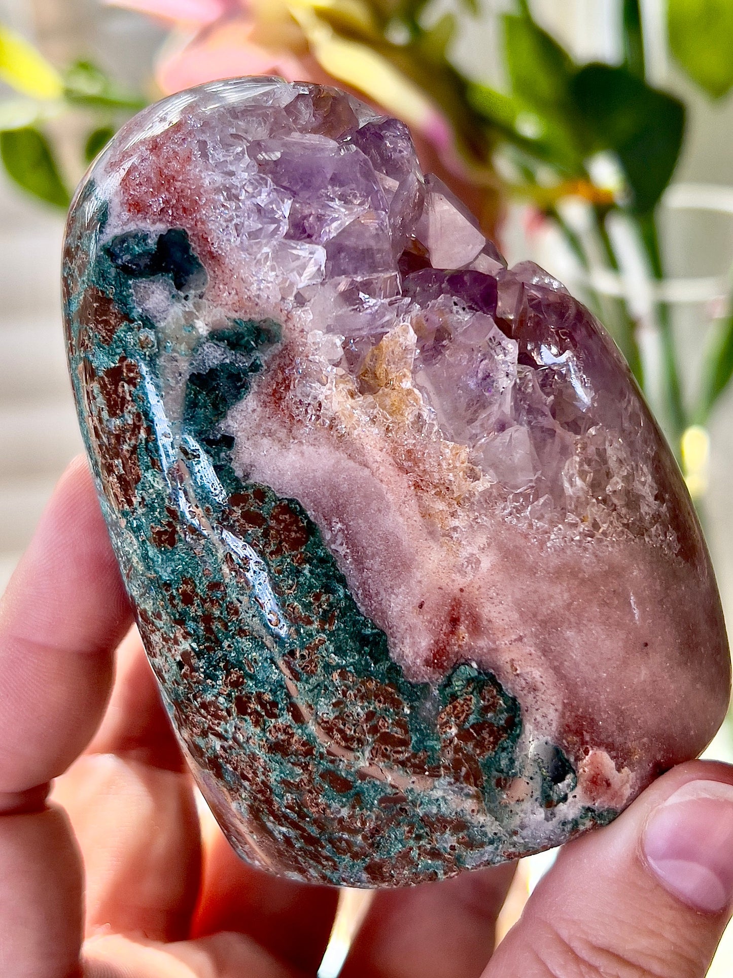 High grade pink amethyst, Freeform with purple quartz and green jasper
