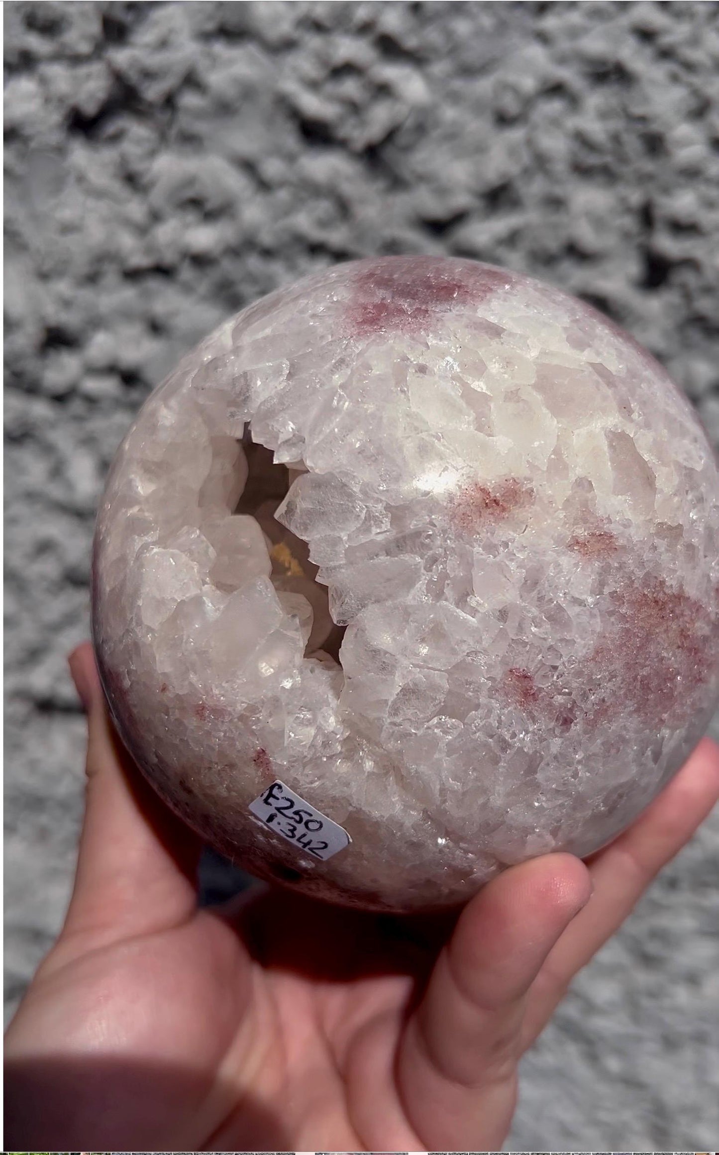 large, statement, pink amethyst sphere, with big, chunky, quartz teeth, cave 1.342kg
