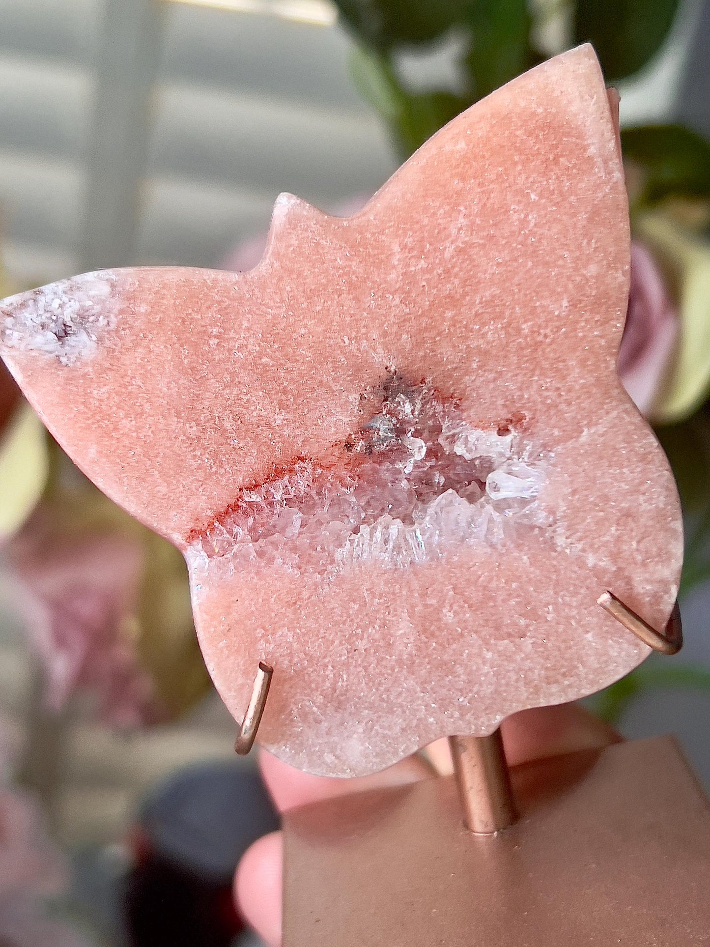 Pink amethyst butterfly in a peach tone with quartz middle and rutile edging, comes with stand