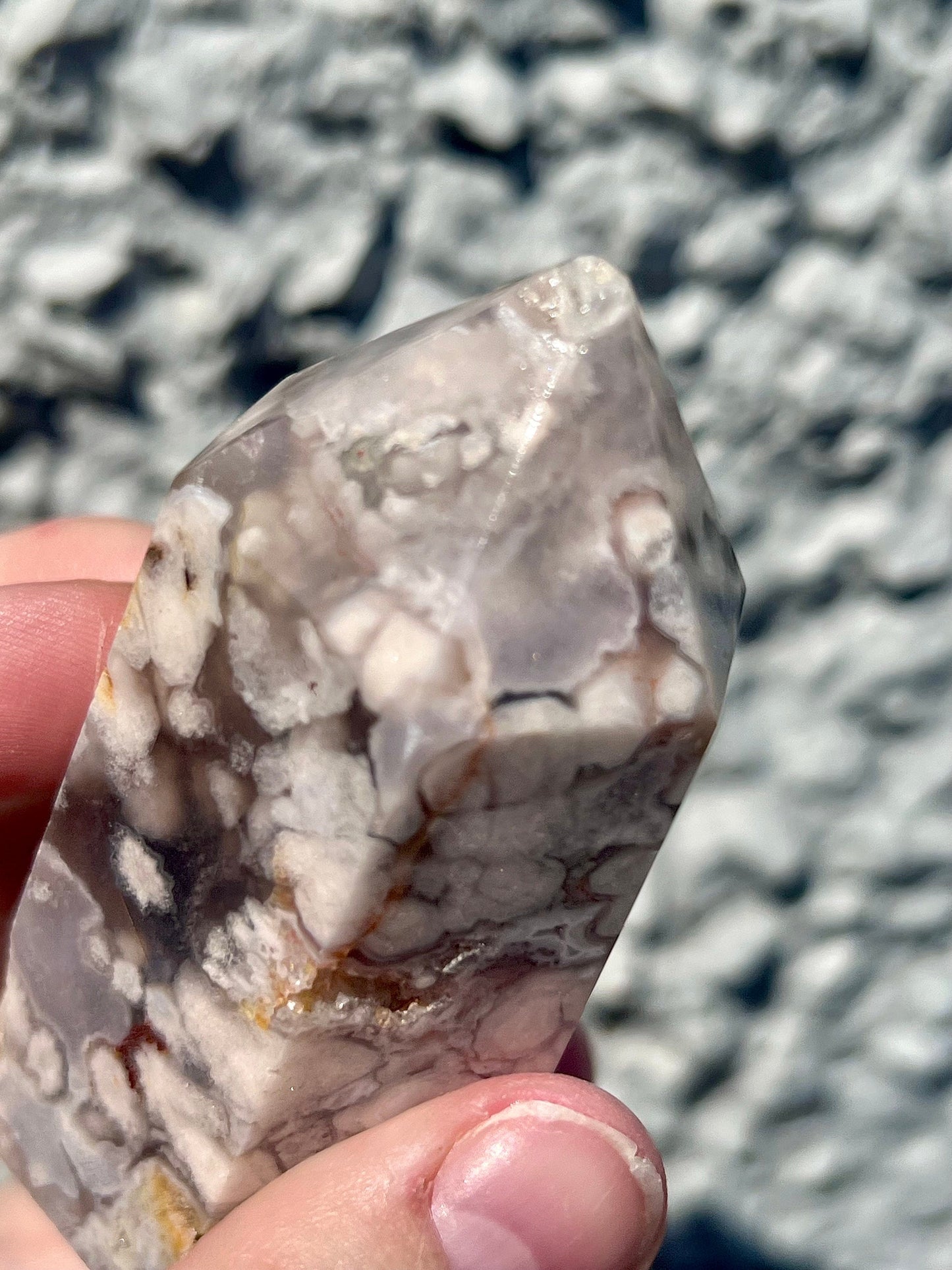 Black & pink flower agate tower - half price due to damaged tip