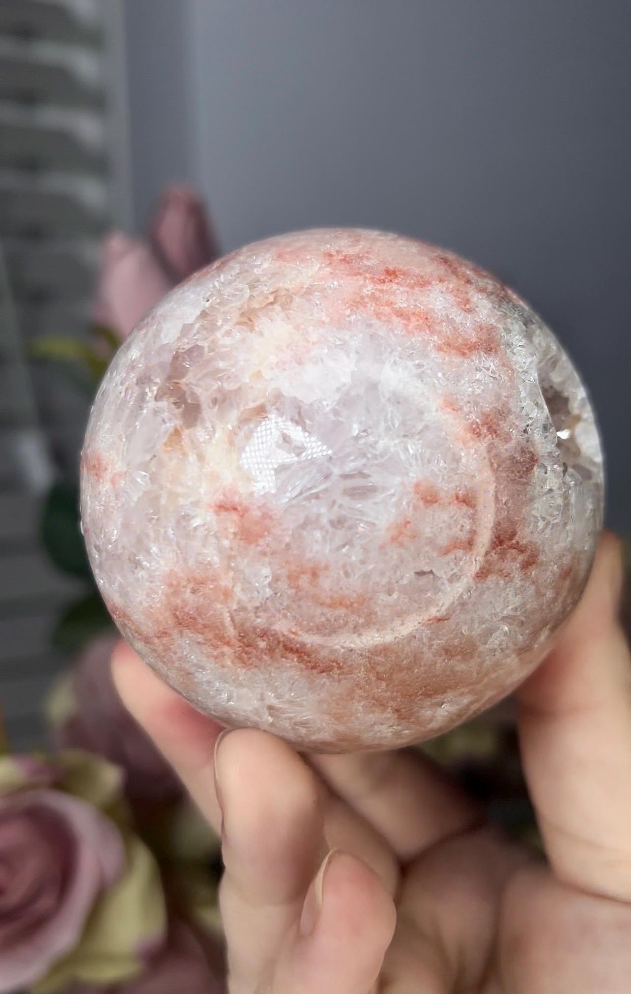 High grade, pink amethyst sphere with quartz 555g