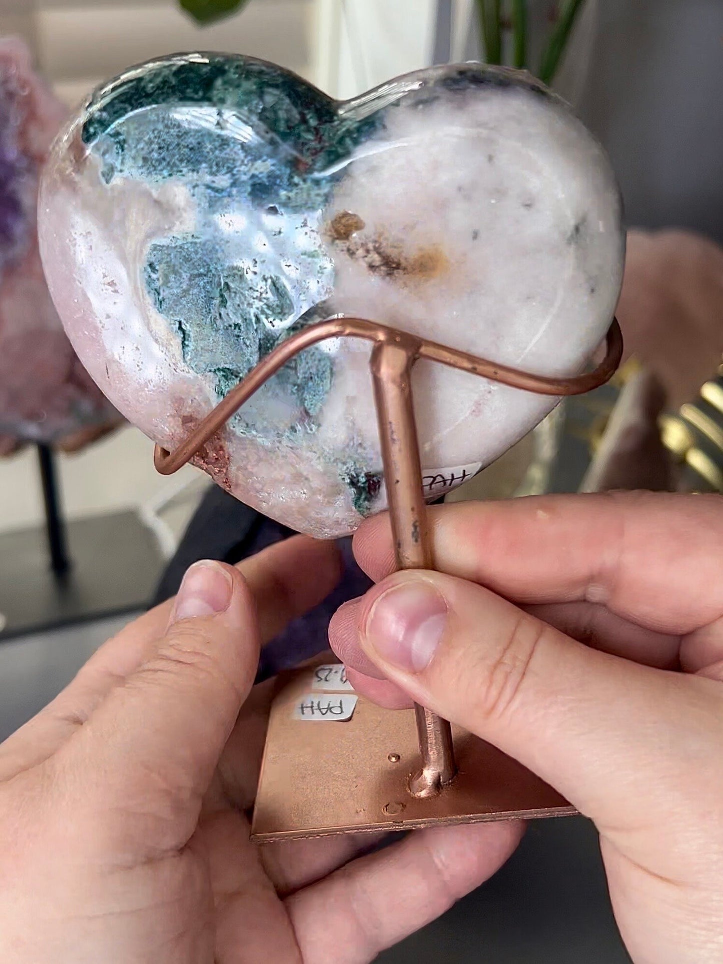 pink amethyst with red druzy and green jasper on a custom stand