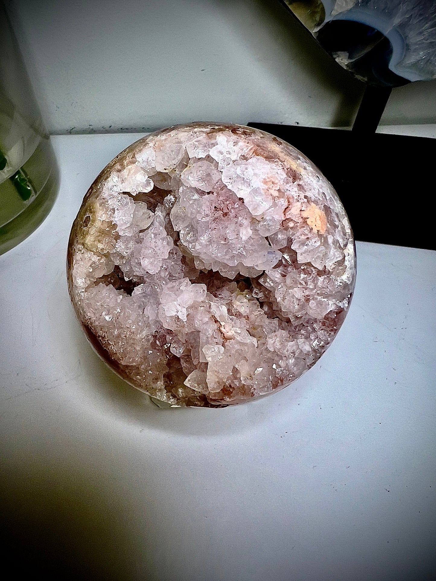 Amethyst x bright pink flower agate “open mouthed druzy” sphere 395g 7cm