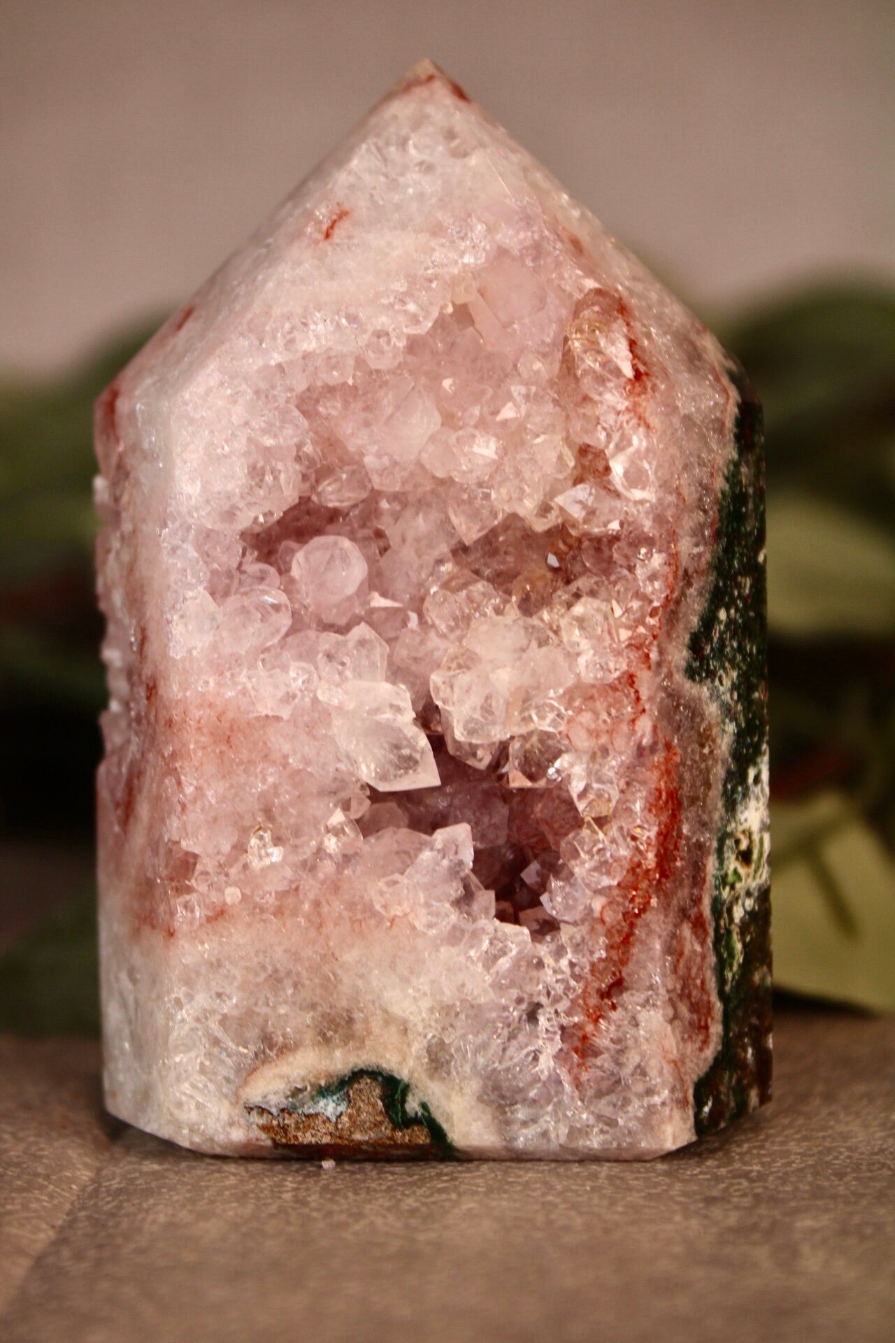 Pink amethyst x green jasper tower 340g 9cm high