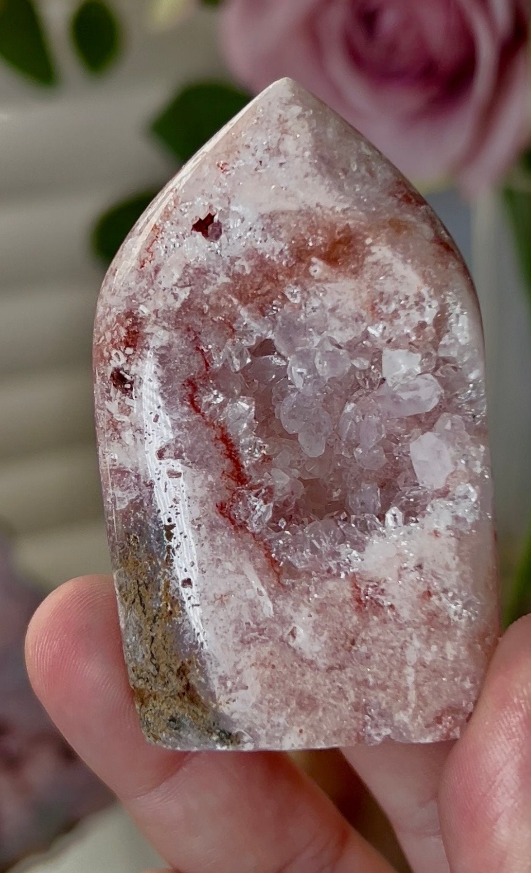 small, pink amethyst, flame with quartz & green jasper