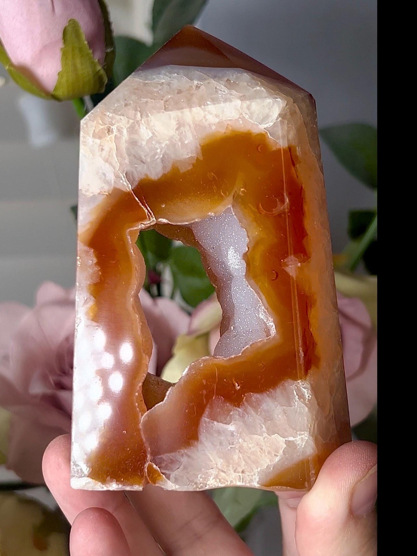 Extra quality, chinky red agate, carnelian tower with quartz & sugar druzy portal, cave