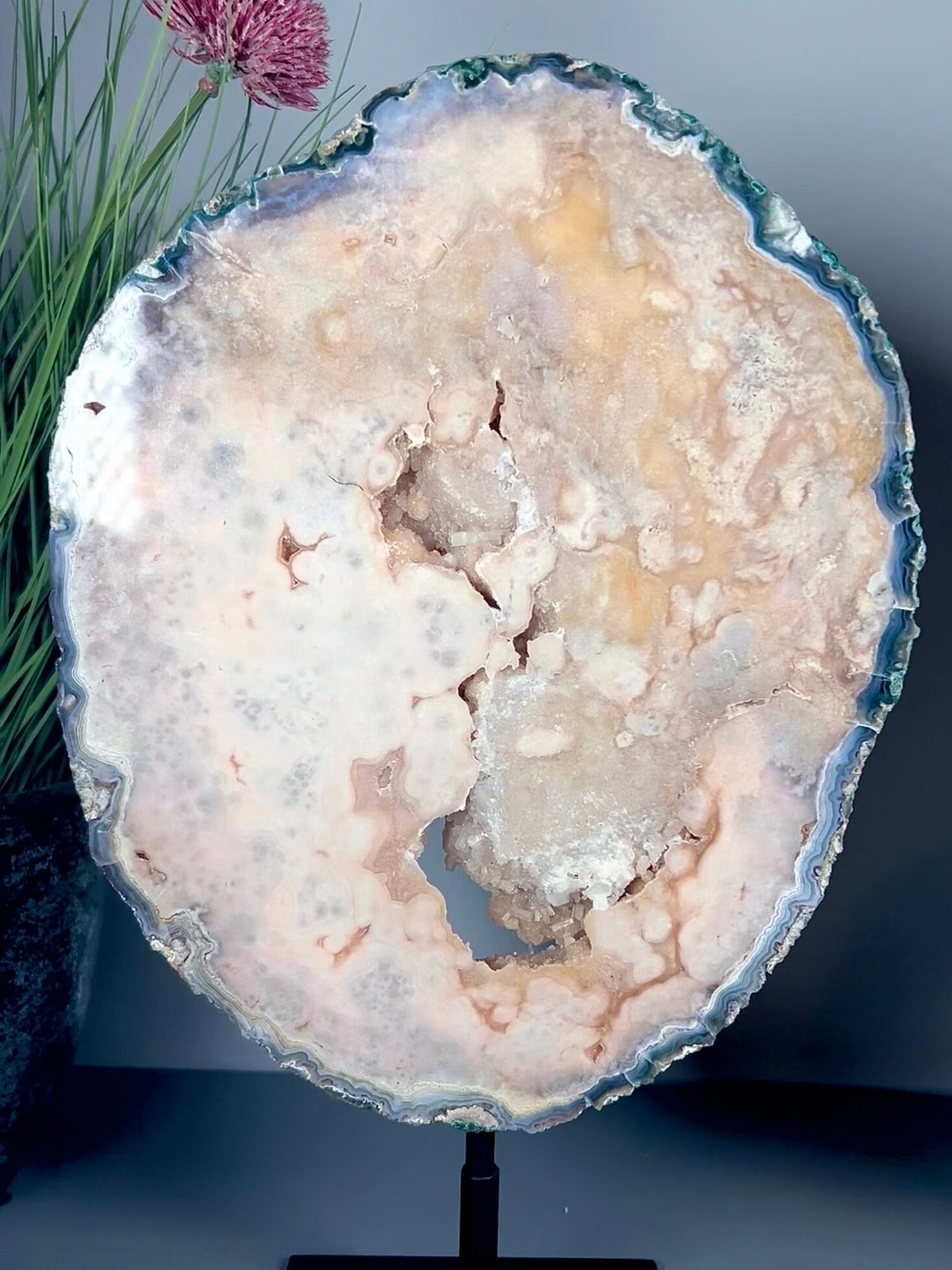 High grade, round pink amethyst slab with green jasper edging & rare cubic calcite inclusions