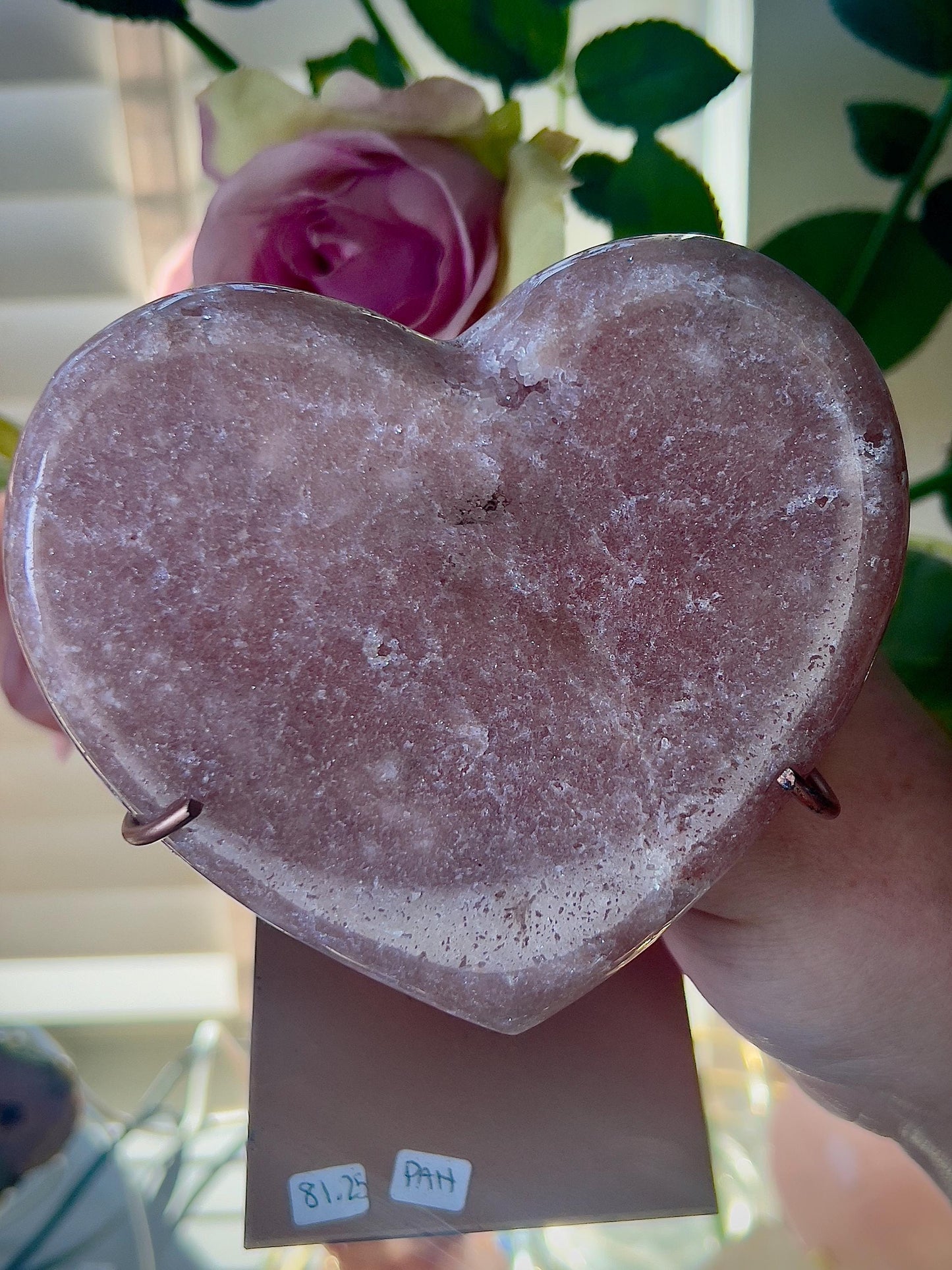 Deep Pink amethyst heart on custom stand - which has scratches (discount added) can easily be repainted