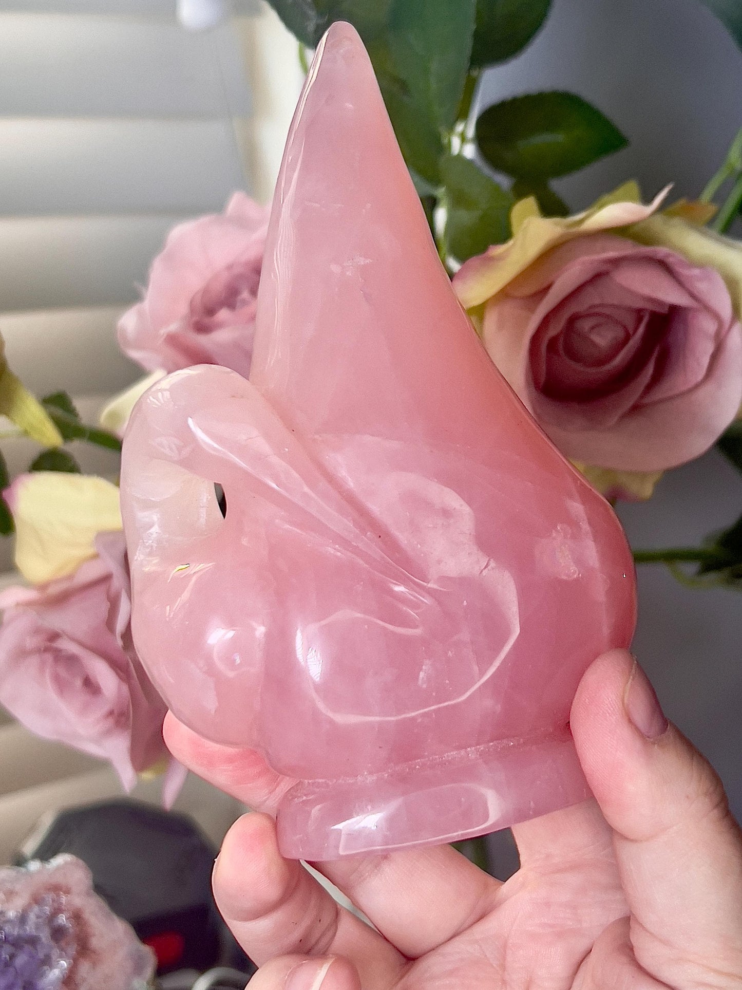 High grade, rose quartz swan carving