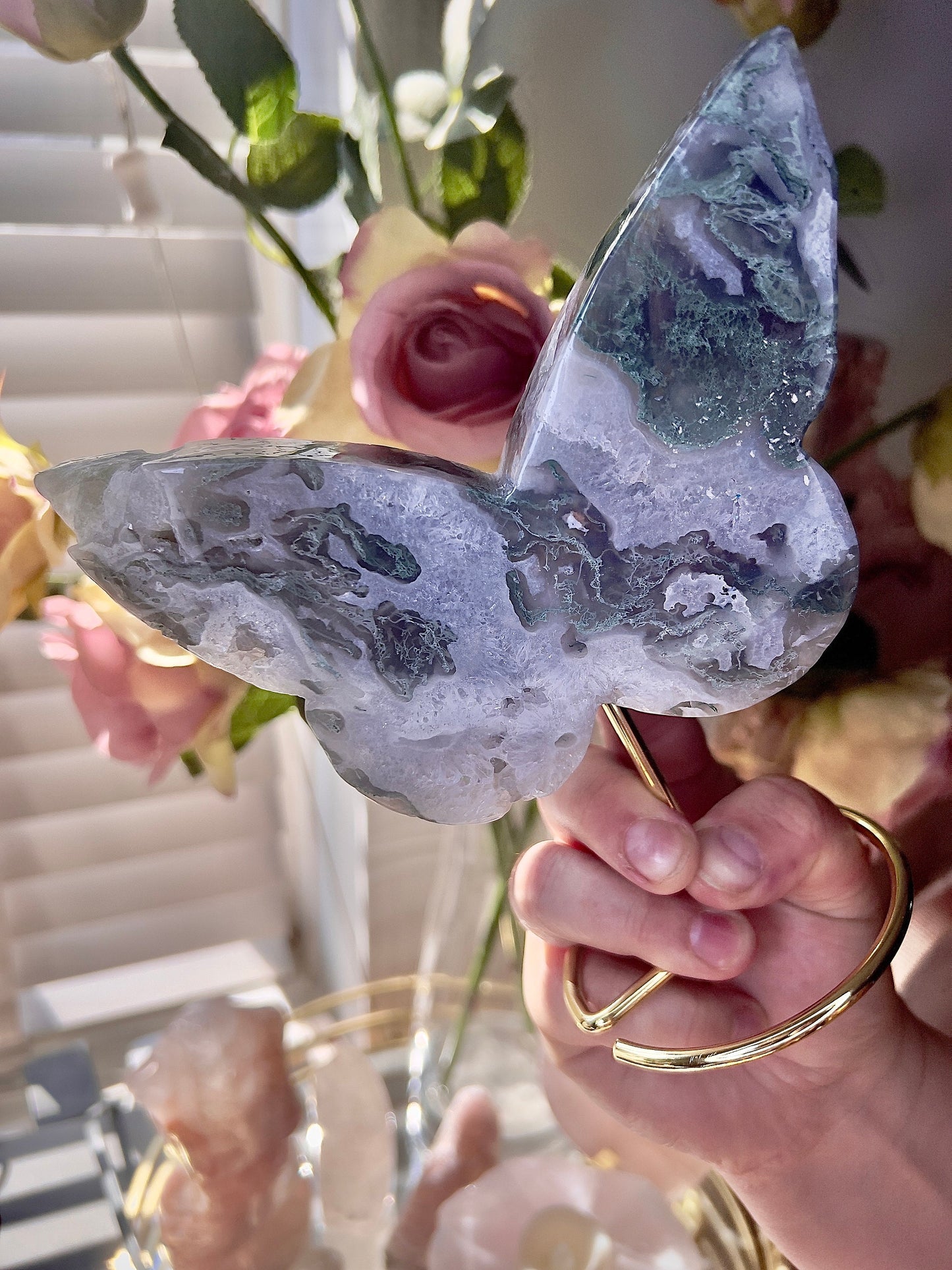 High grade, moss agate butterfly with gold pedestal stand