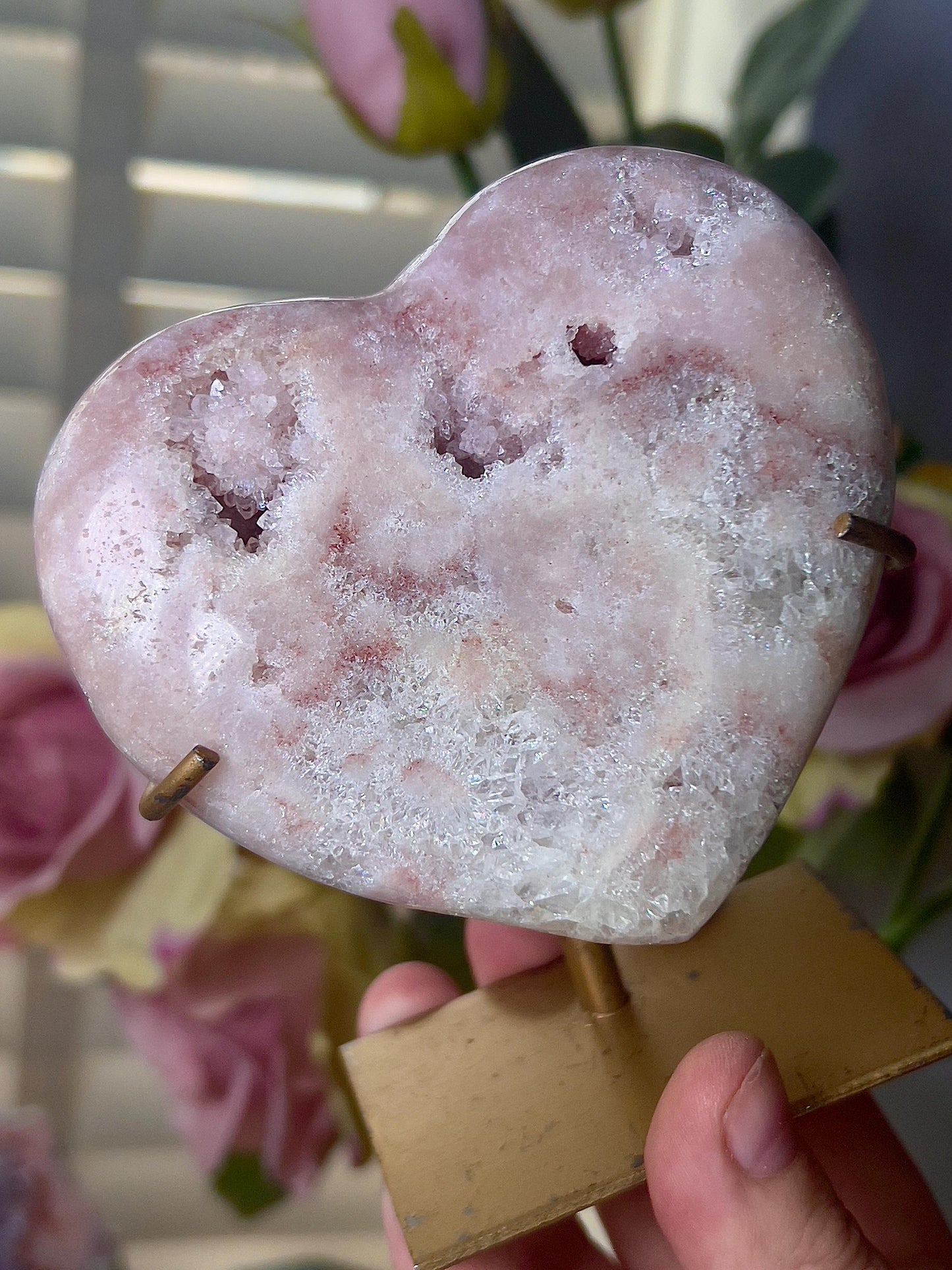 Pink amethyst heart with quartz druzy and stand which has scratches (discount added) can easily be repainted