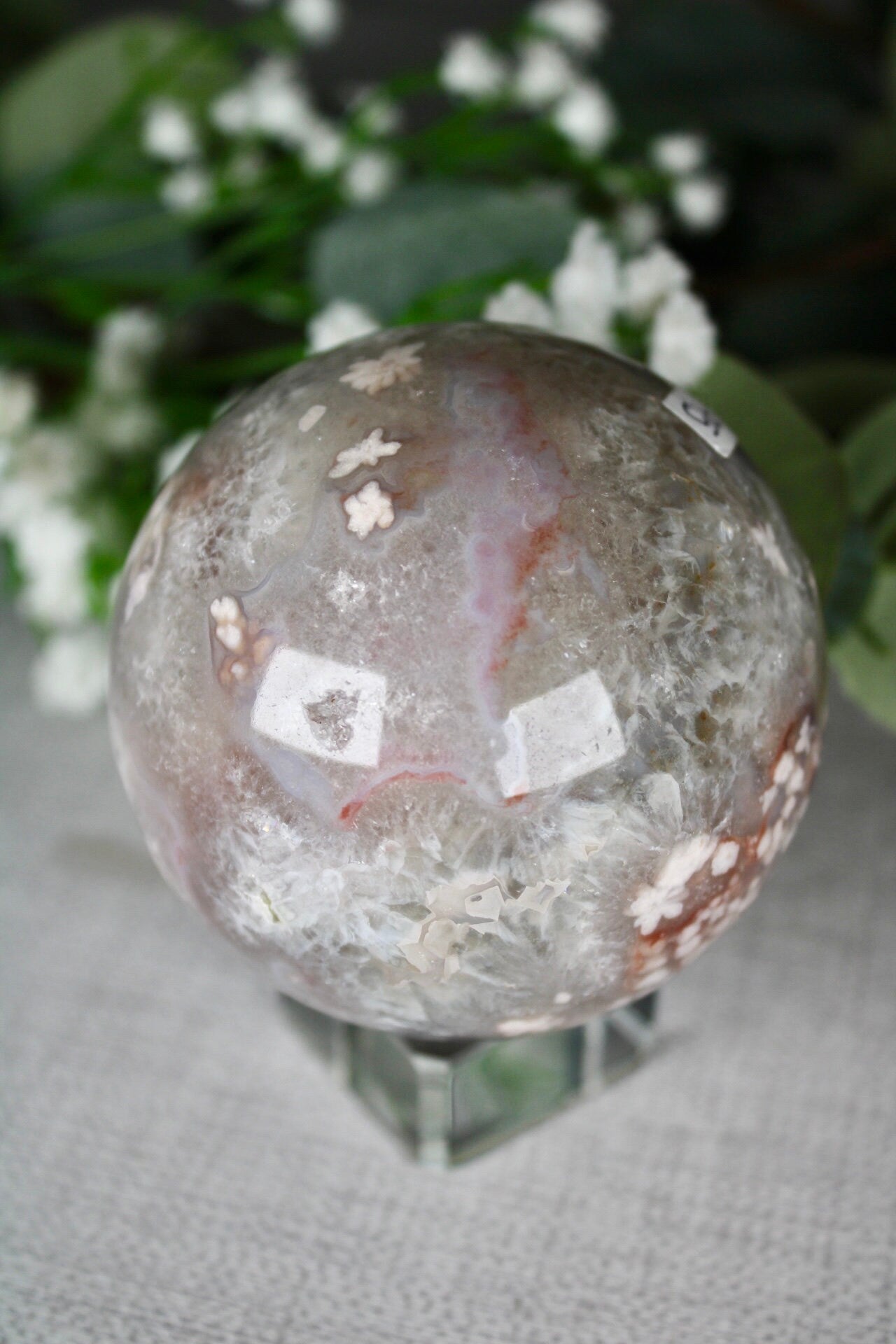High quality, chlorite x flower agate sphere 535G 7CM