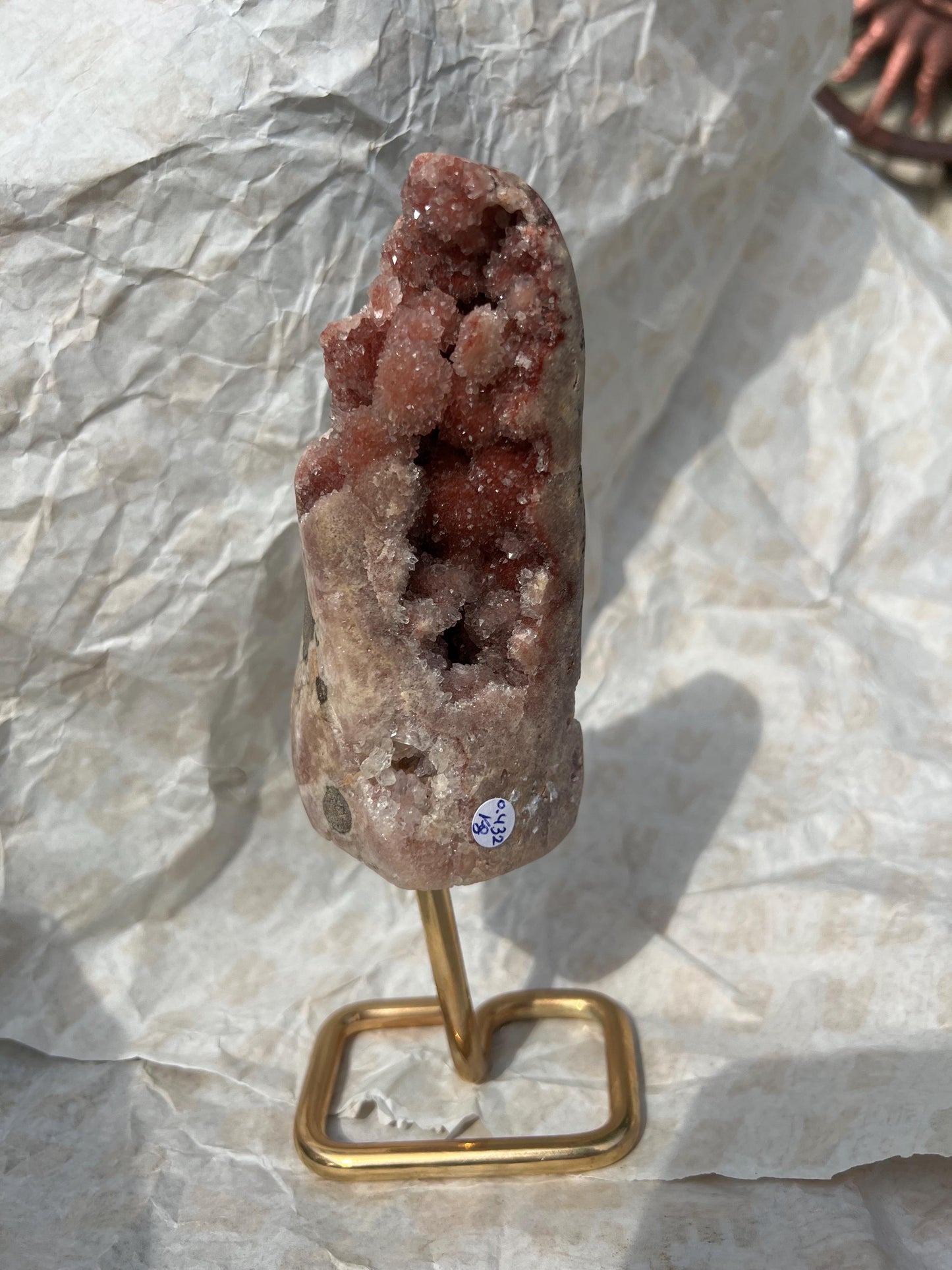 high grade, pink amethyst, bubble Freeform with red sugar druzy on stand 0.432g
