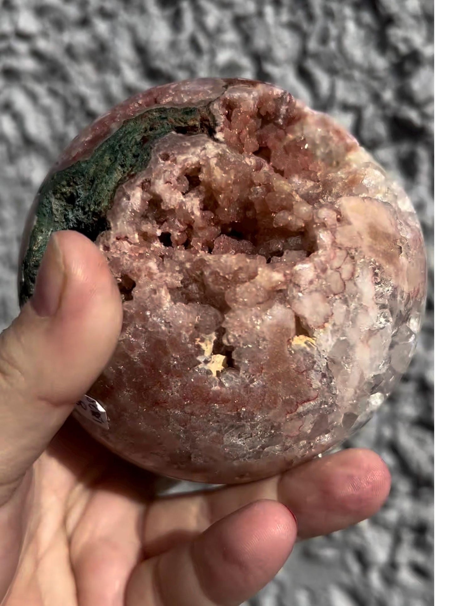 high grade, large, statement, pink amethyst sphere, with incredible quartz & red sugar druzy 1.230kg