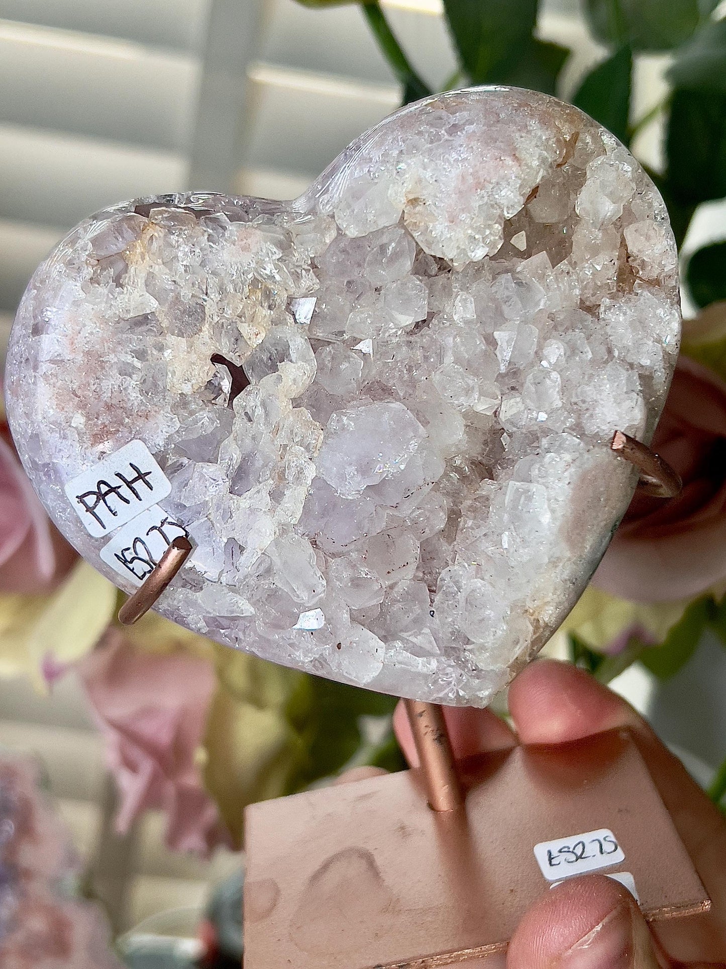 Pink amethyst heart on stand