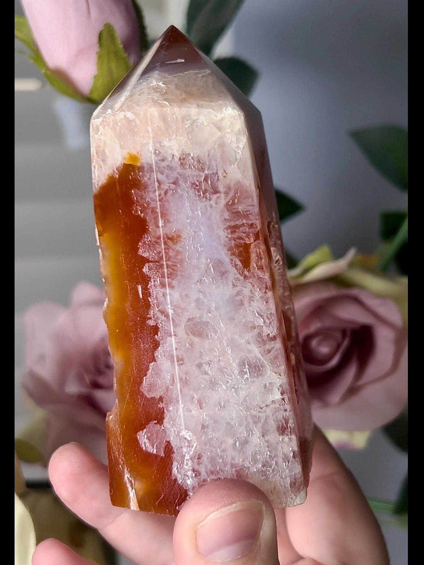 Extra quality, chinky red agate, carnelian tower with quartz & sugar druzy portal, cave