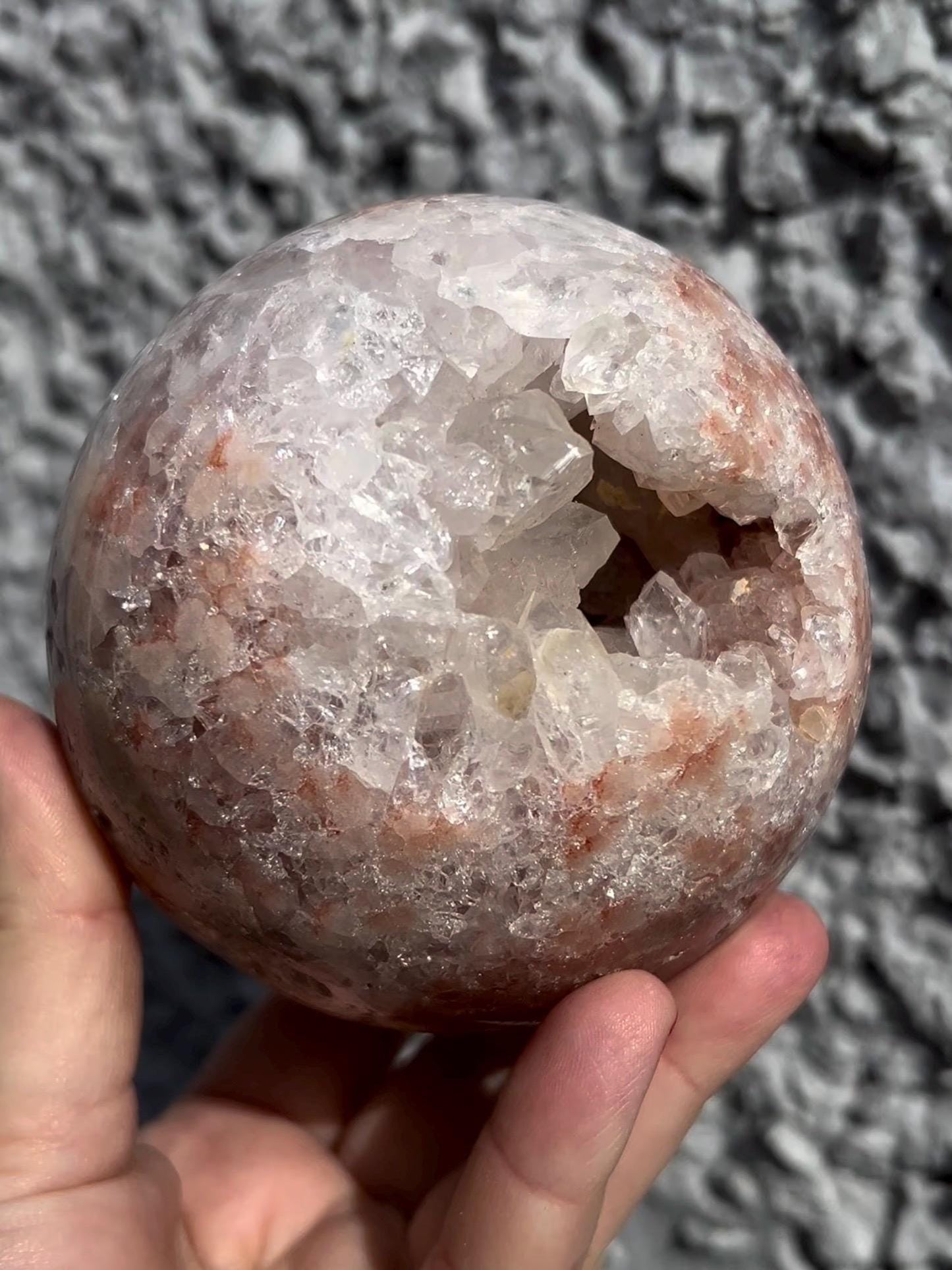 high grade, large, statement, pink amethyst sphere, with incredible quartz & red sugar druzy 1.230kg