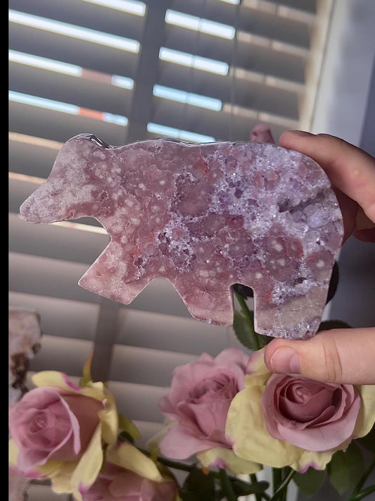 High grade, pink amethyst bear carving with purple quartz druzy