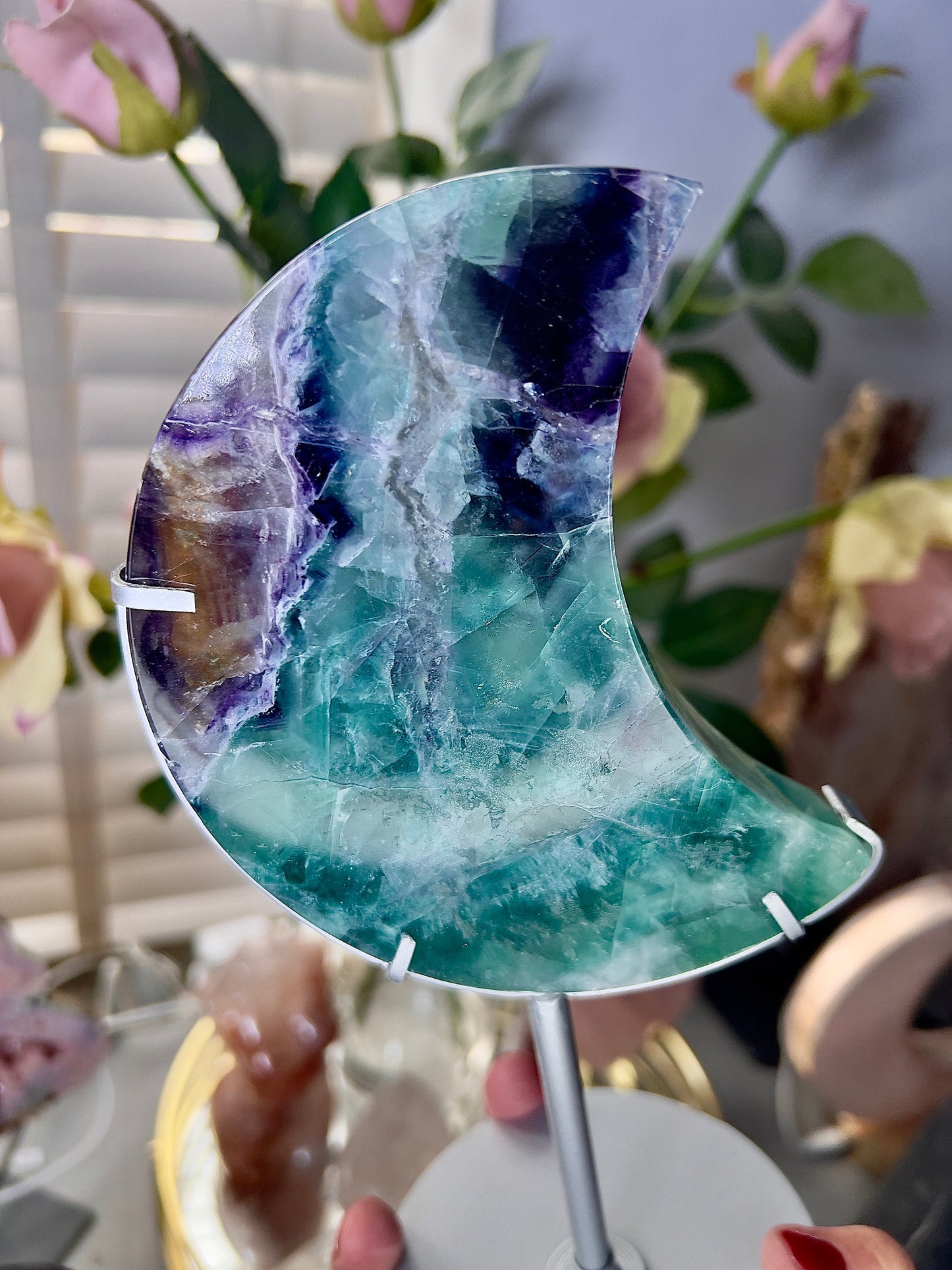 High grade, fluorite moon on silver custom stand