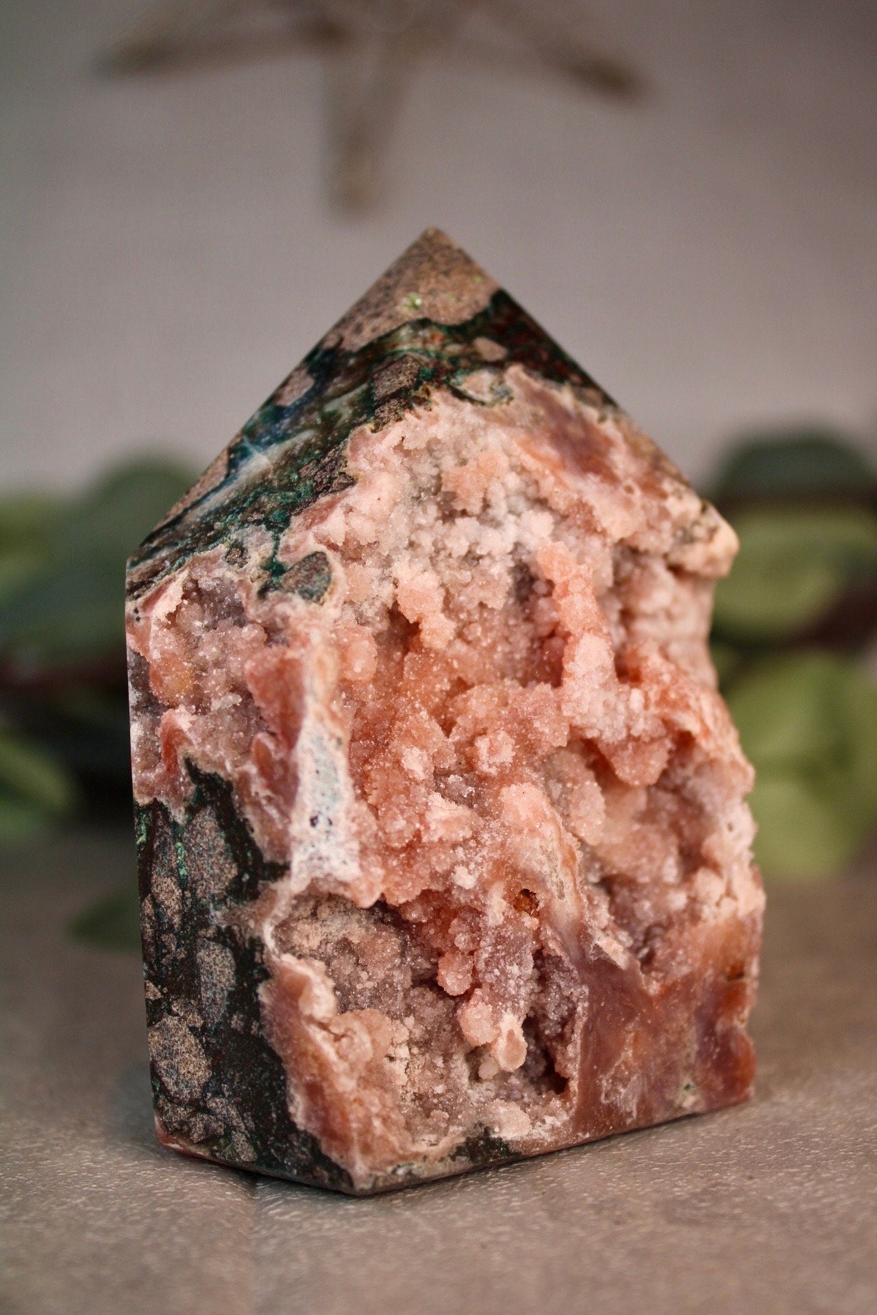 High grade Pink amethyst tower with peach toned sugar druzy - 500g 10cm high