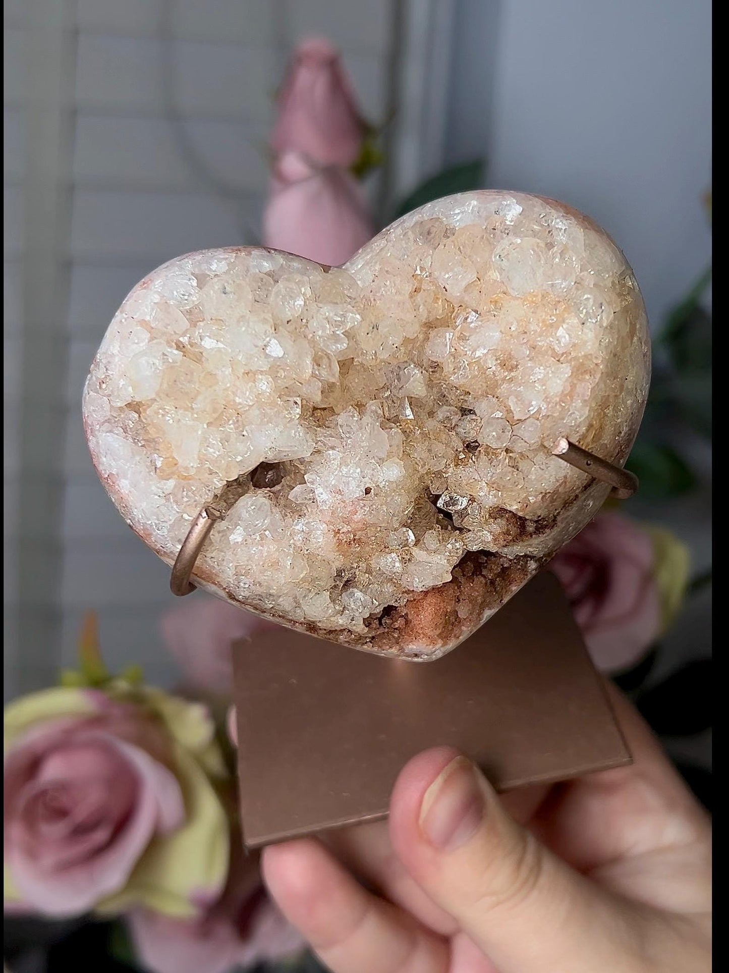 Pink amethyst heart with a high clarity quartz with stand