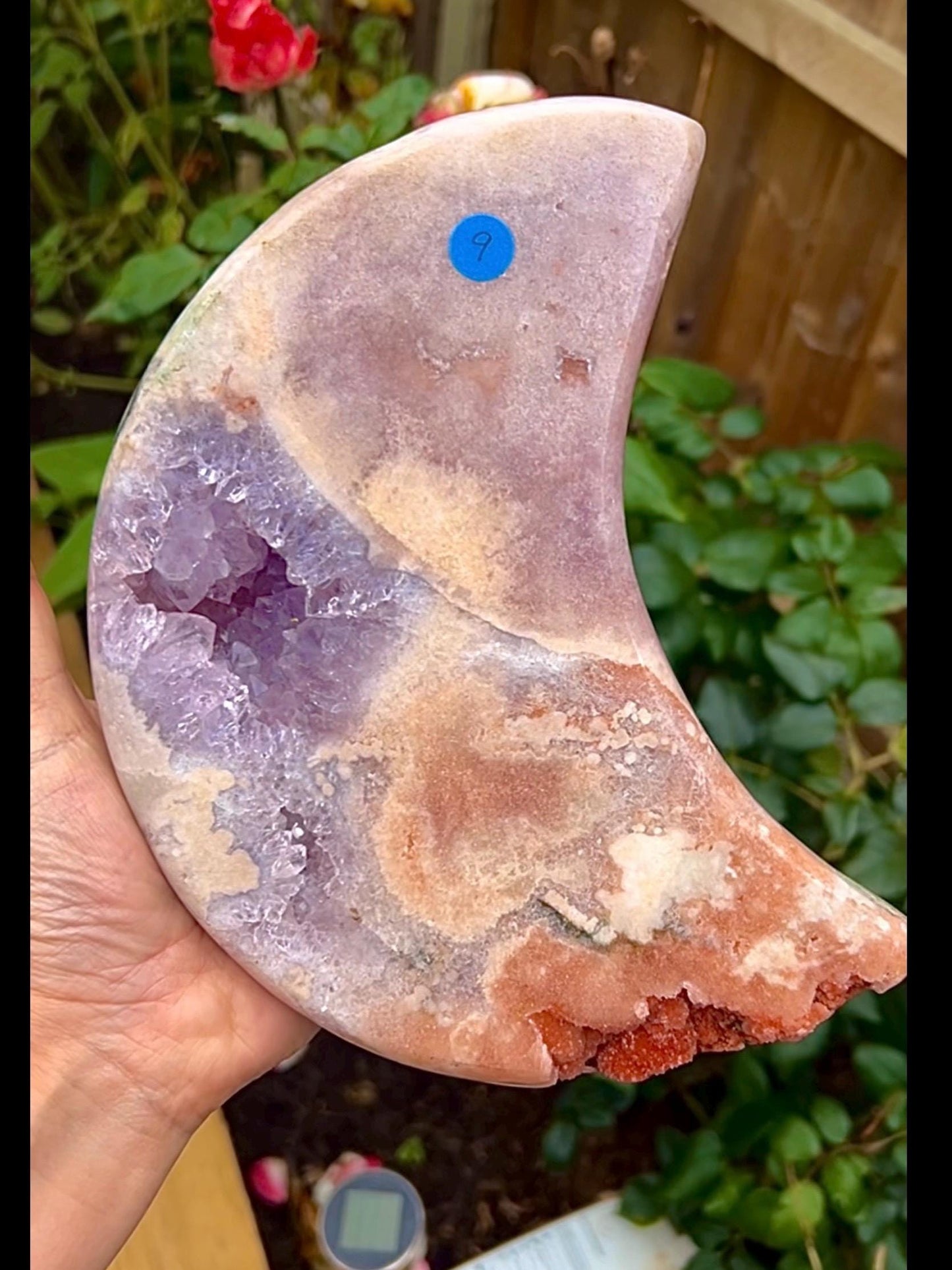High grade, pink amethyst moon with purple quartz & red sugar druze comes with custom stand