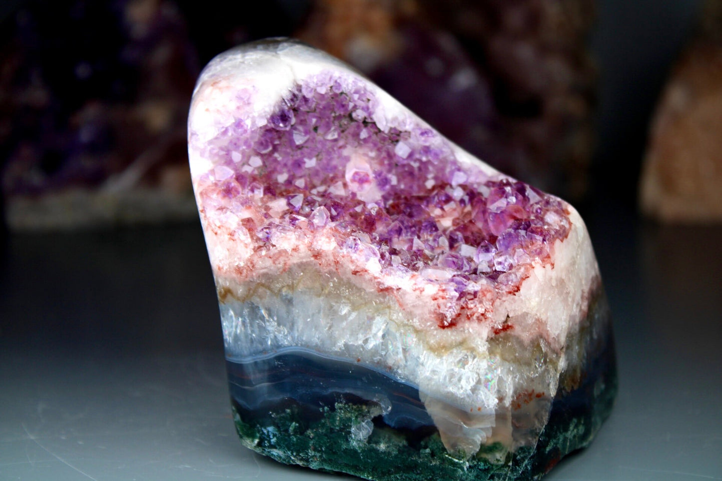 Incredible, berry, pink amethyst, agate, freeform withy quartz that is full of rainbows and moss agate, green jasper