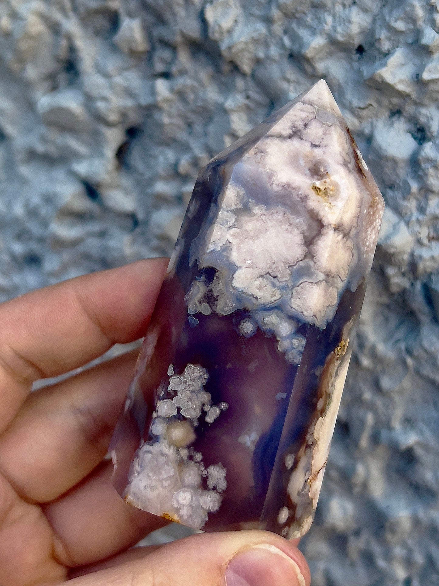 black flower agate tower with pink amethyst