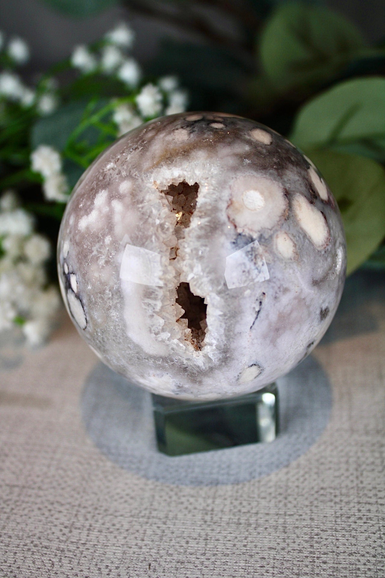 Blue flower agate x chlorite quartz sphere 495g 7cm