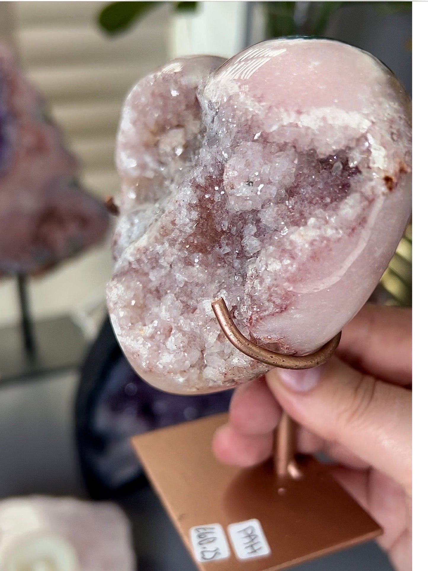 pink amethyst with red druzy and green jasper on a custom stand