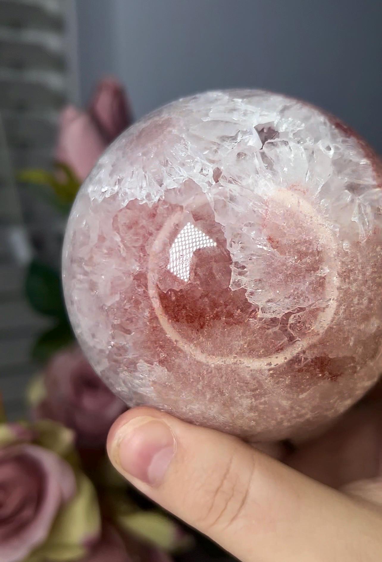 High grade, pink amethyst sphere with quartz and flower formations 928g