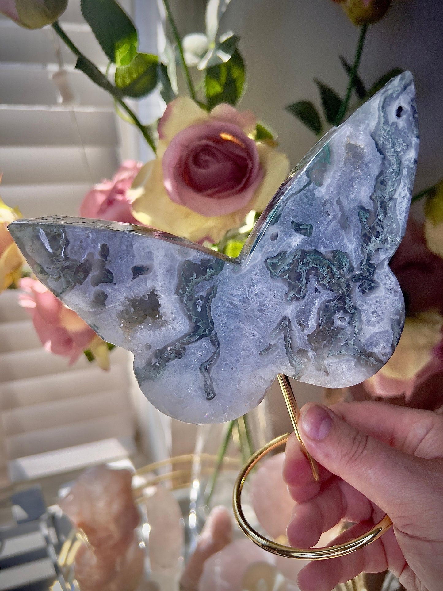 High grade, moss agate butterfly with gold pedestal stand
