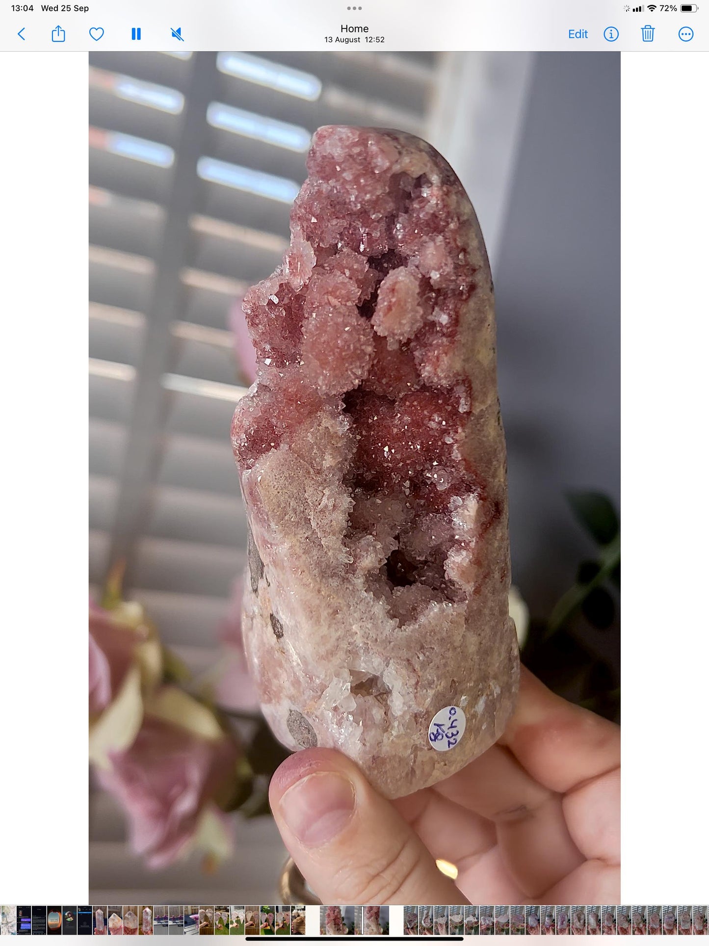 high grade, pink amethyst, bubble Freeform with red sugar druzy on stand 0.432g