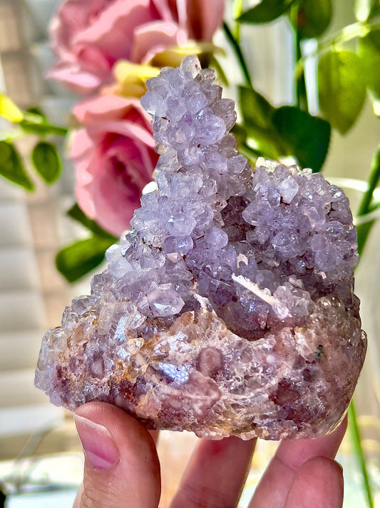 high quality, lilac, high clarity quartz druzy , pink amethyst Freeform with stalactite
