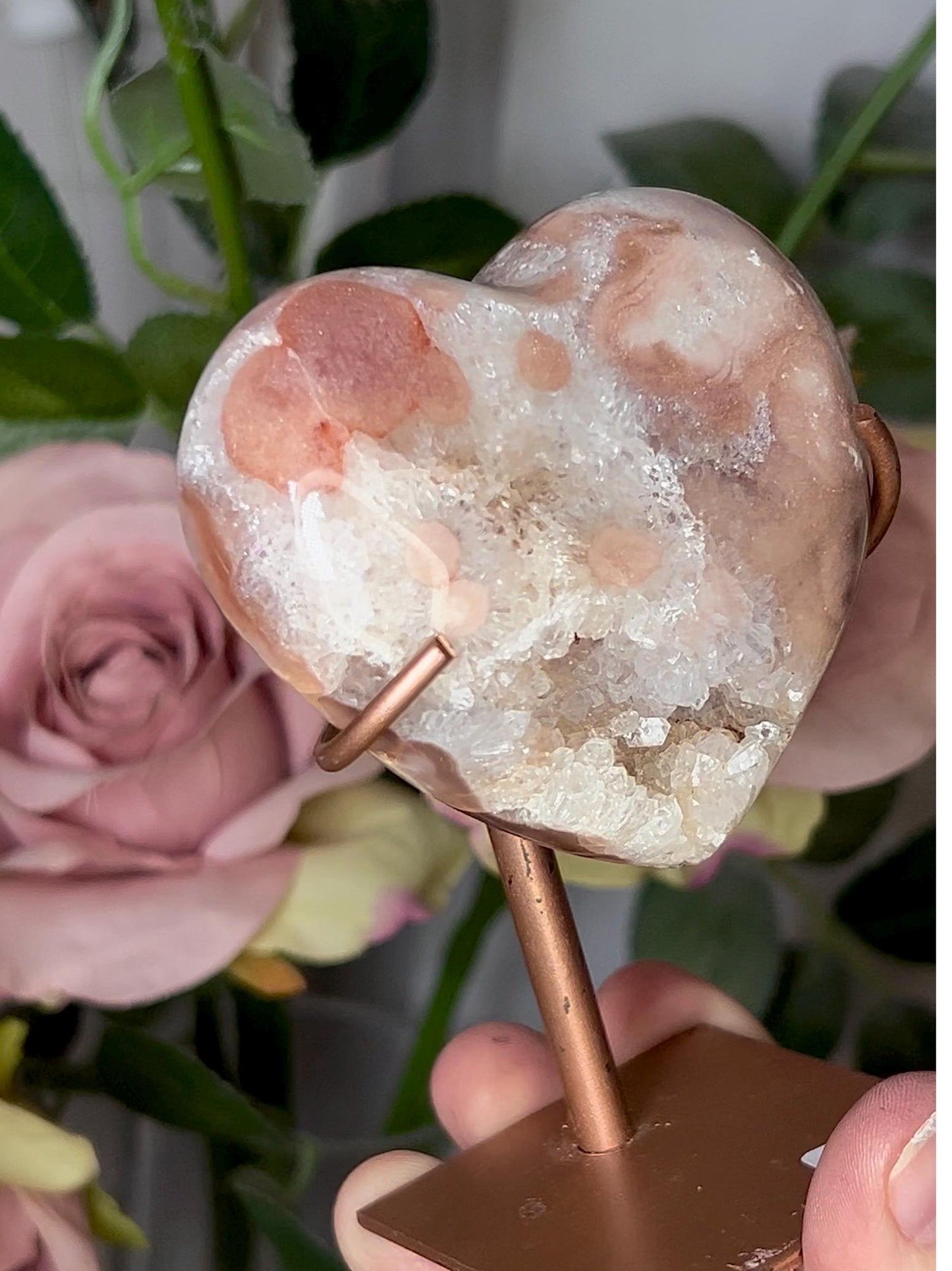 pink amethyst heart with quartz druzy comes with stand that is scratched (discount added)