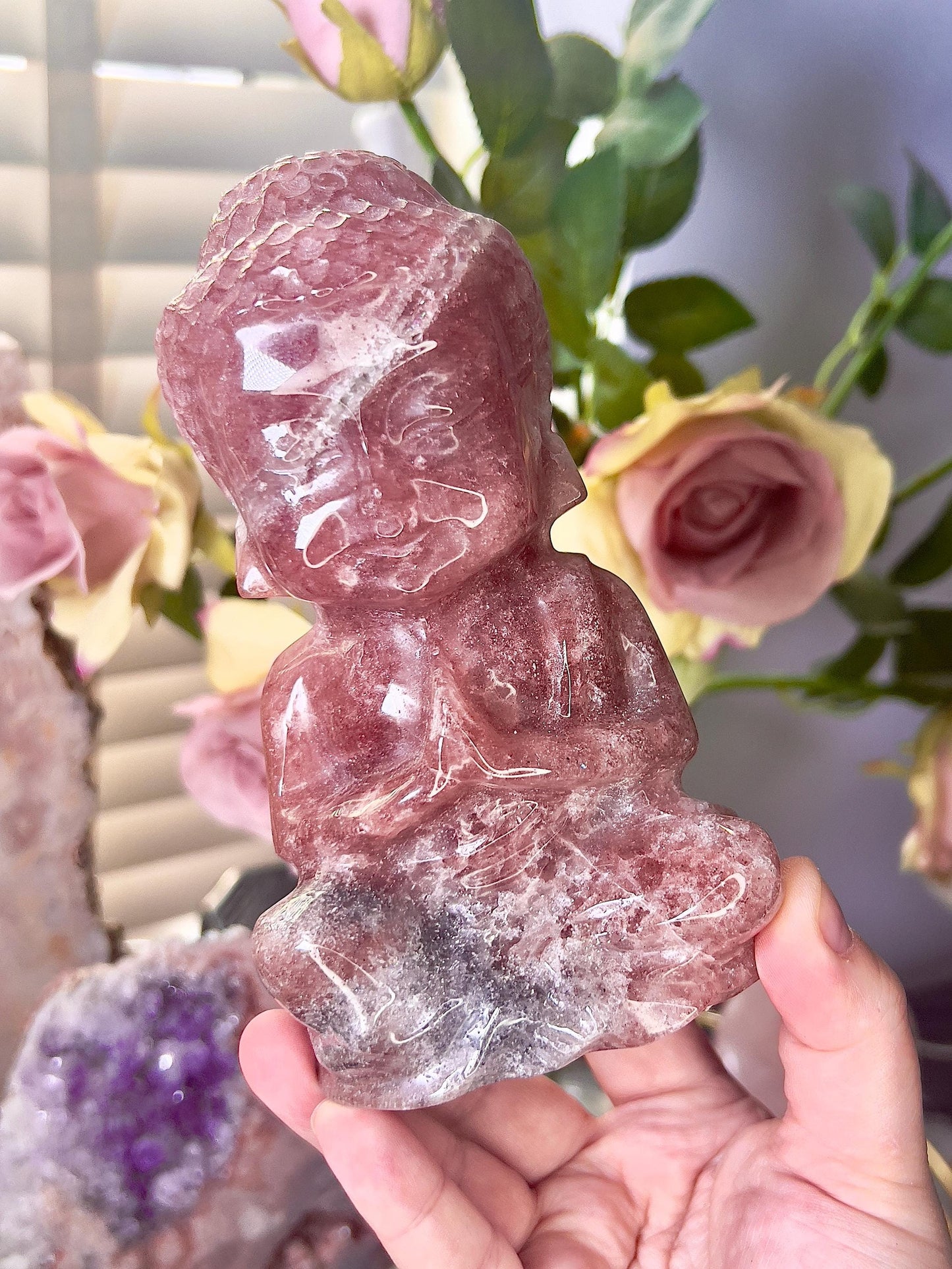 Large, high quality, Strawberry quartz, baby buddah