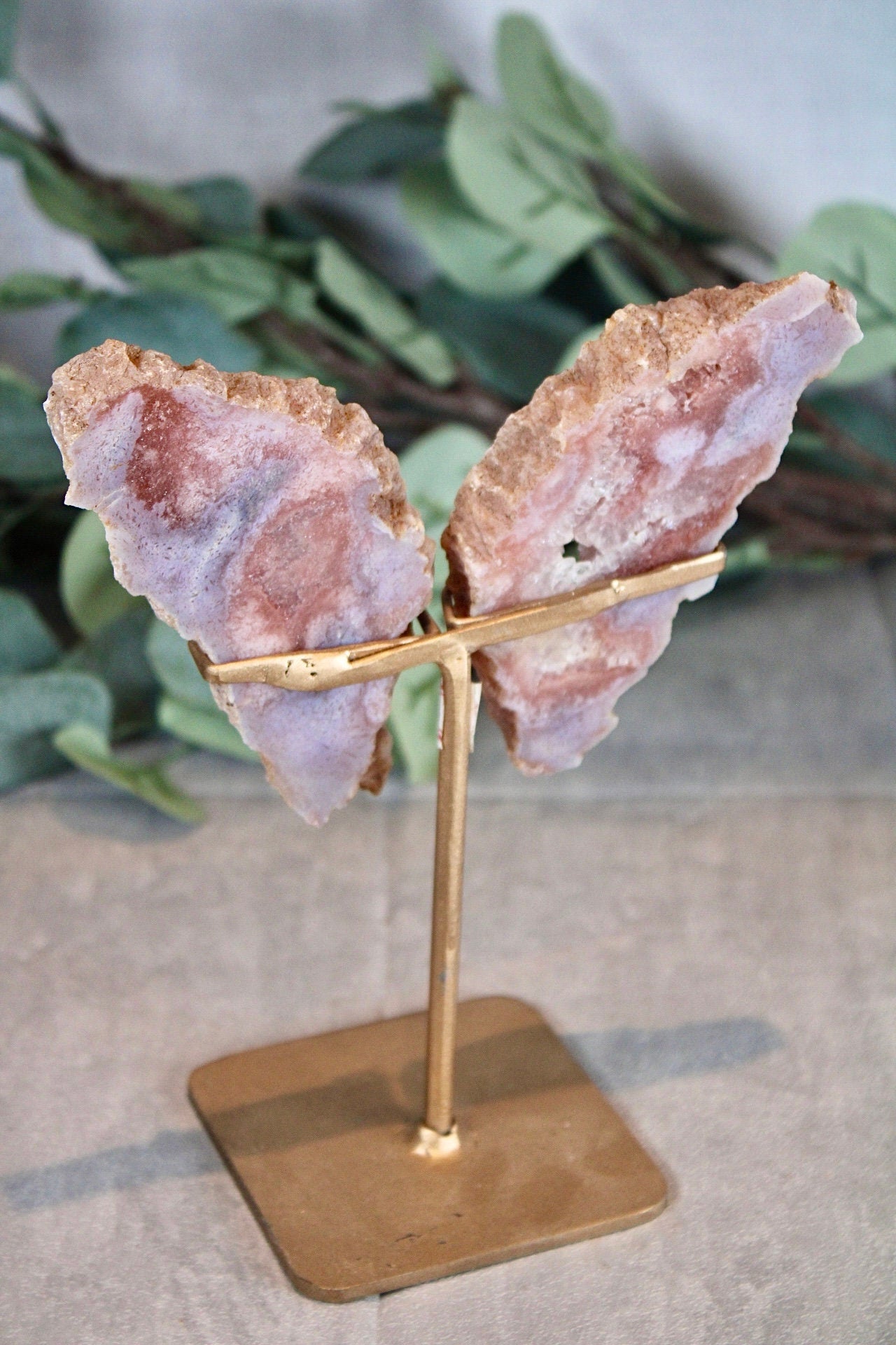 Pink amethyst x flower agate slab butterfly wings on stand