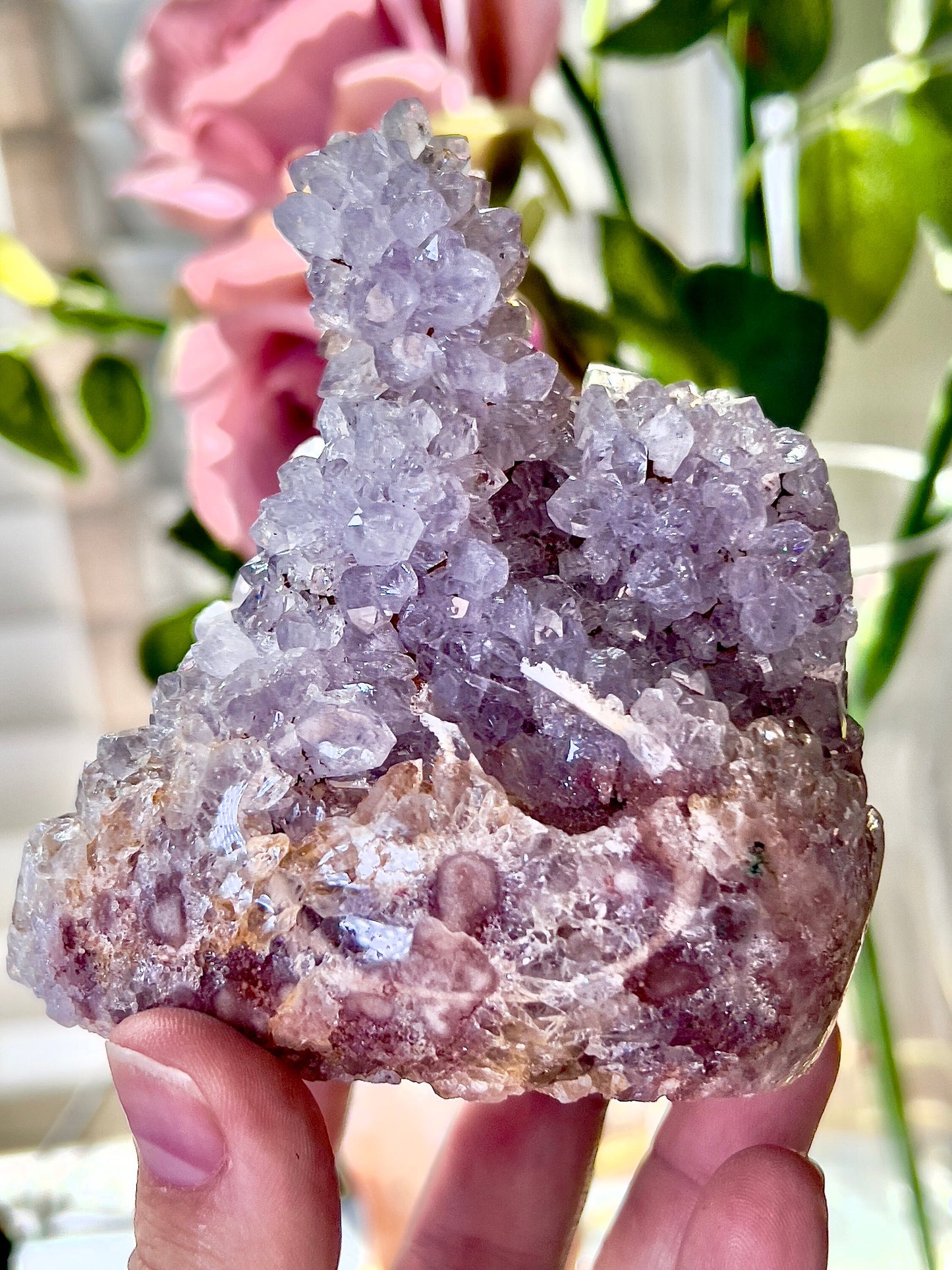 high quality, lilac, high clarity quartz druzy , pink amethyst Freeform with stalactite