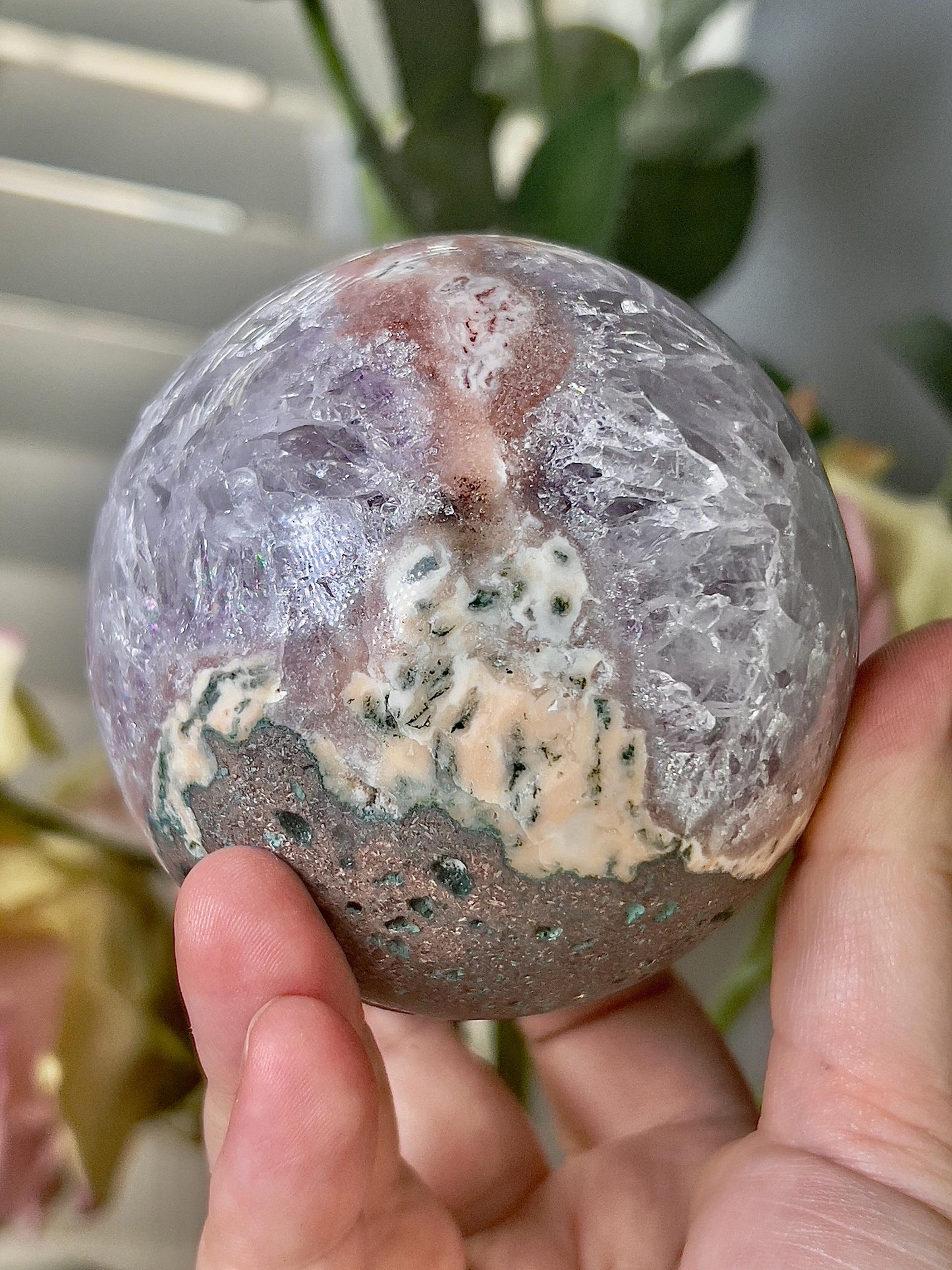 high grade, gorgeous pink amethyst sphere, with incredible quartz druzy